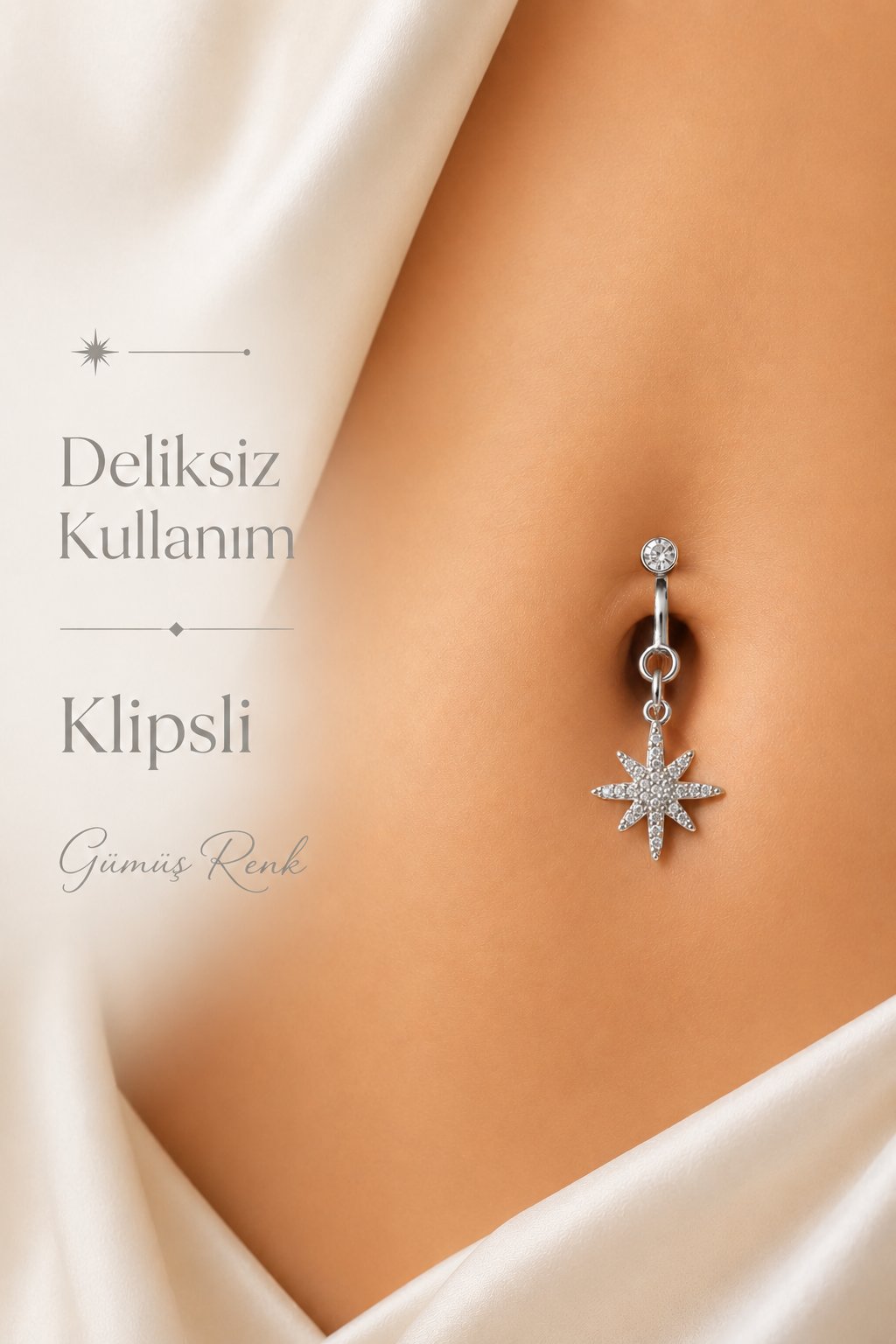 Işınlı Kuzey Yıldızı Klipsli Göbek Piercingi Deliksiz Zirkon Taşlı Çelik