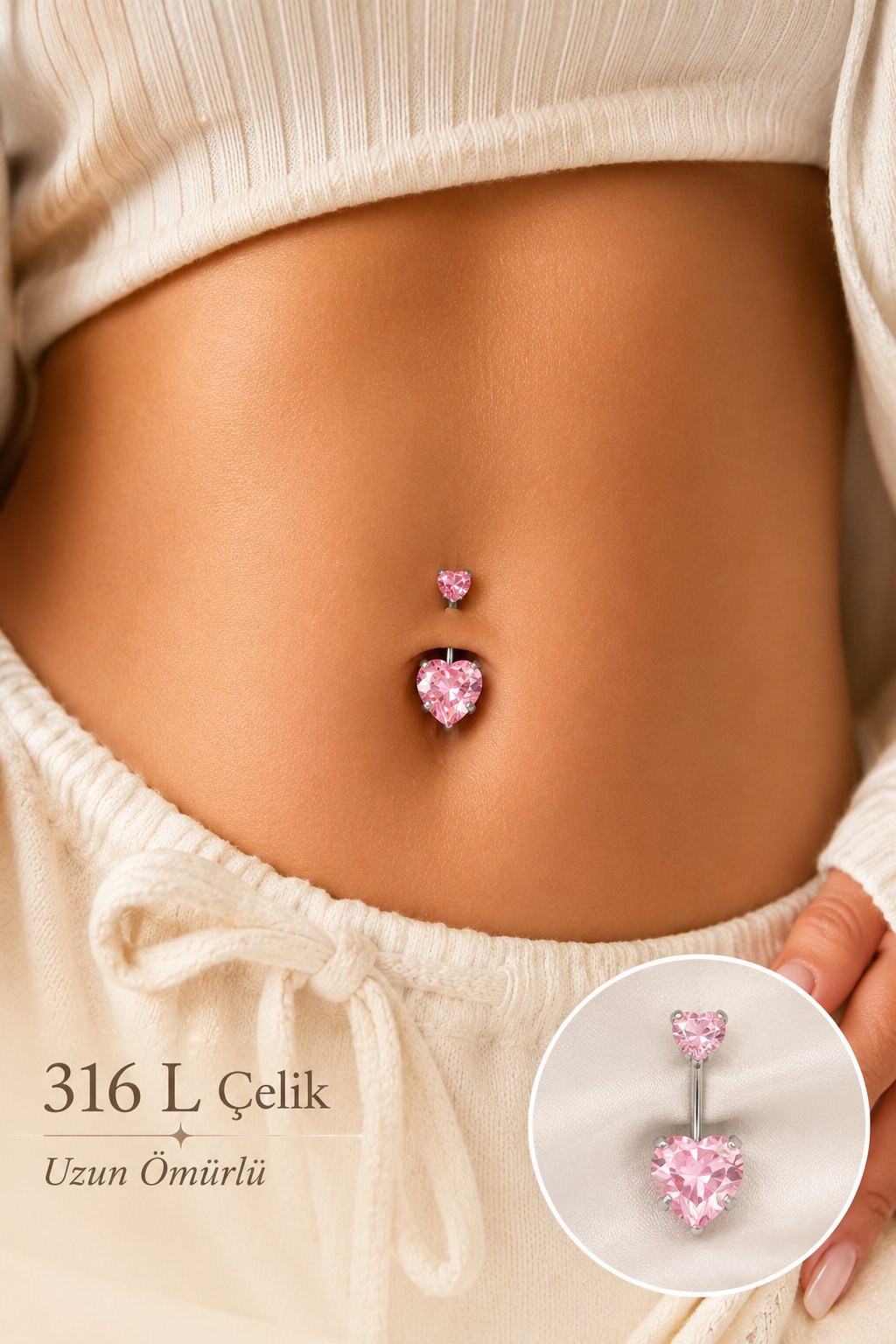 Kalp Model Pembe Taşlı Çelik Göbek Piercing