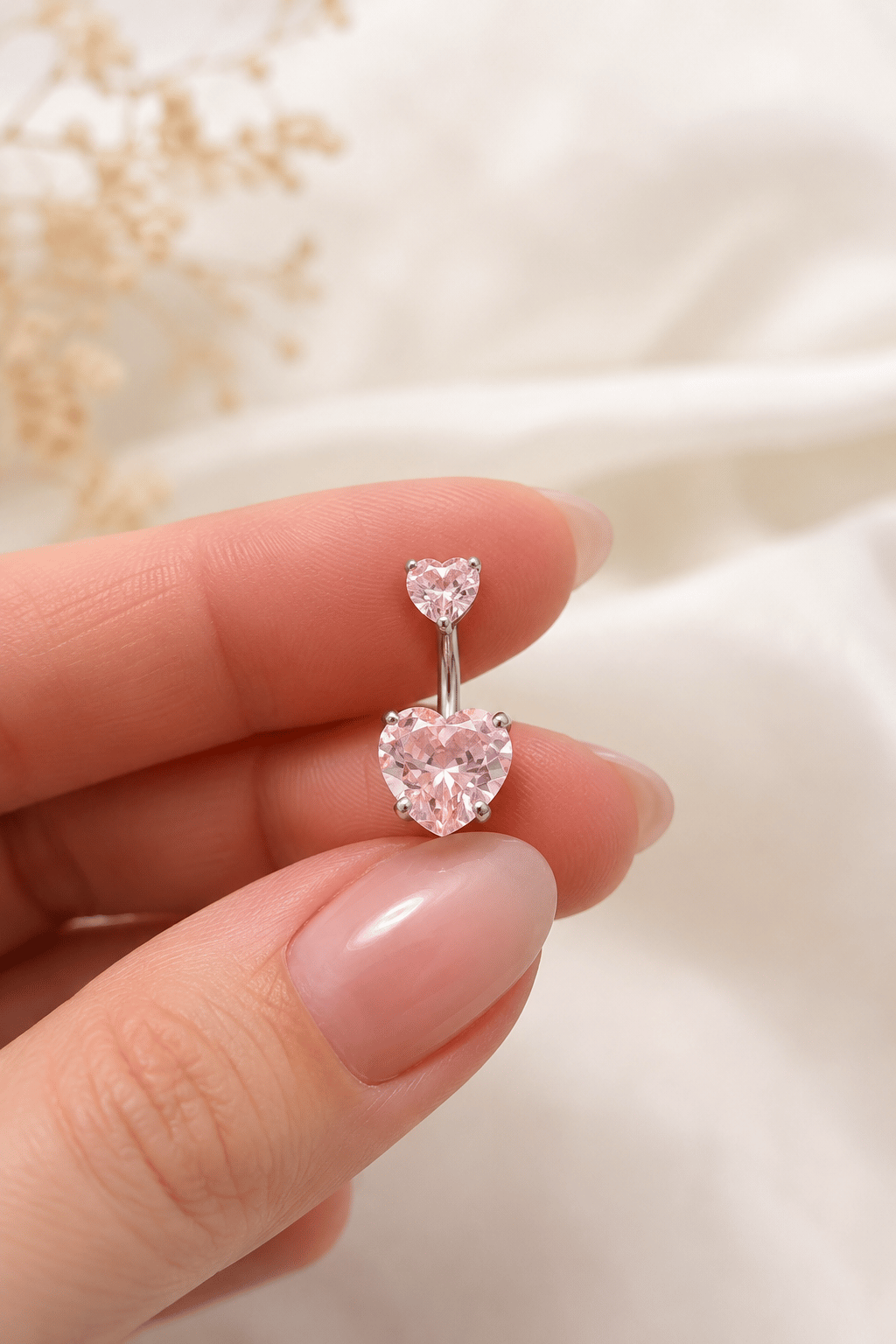 Kalp Model Pembe Taşlı Çelik Göbek Piercing