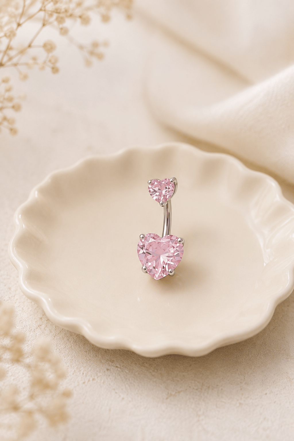 Kalp Model Pembe Taşlı Çelik Göbek Piercing