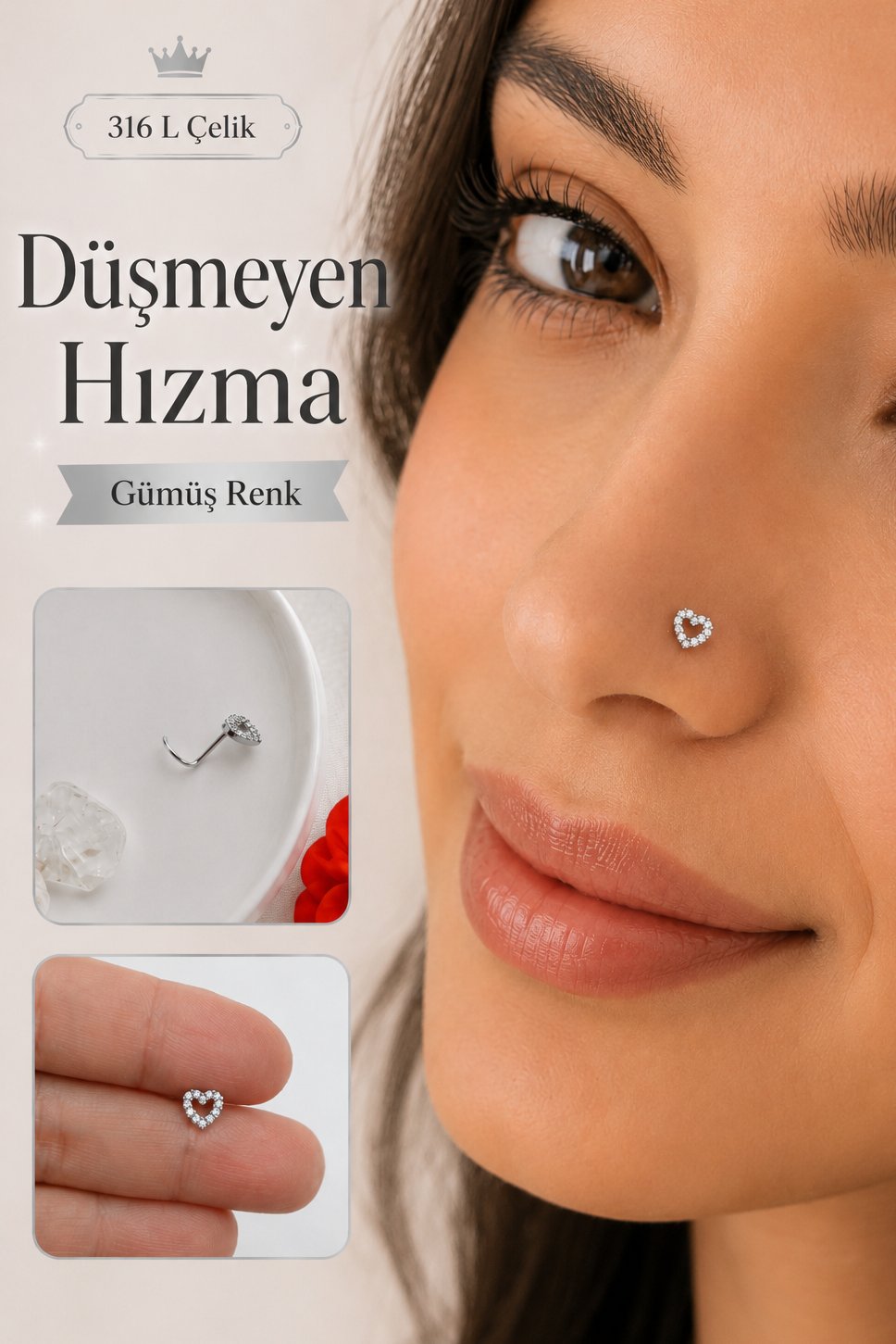 Kalp Model Zirkon Taşlı Düşmeyen Çelik Burun Hızması