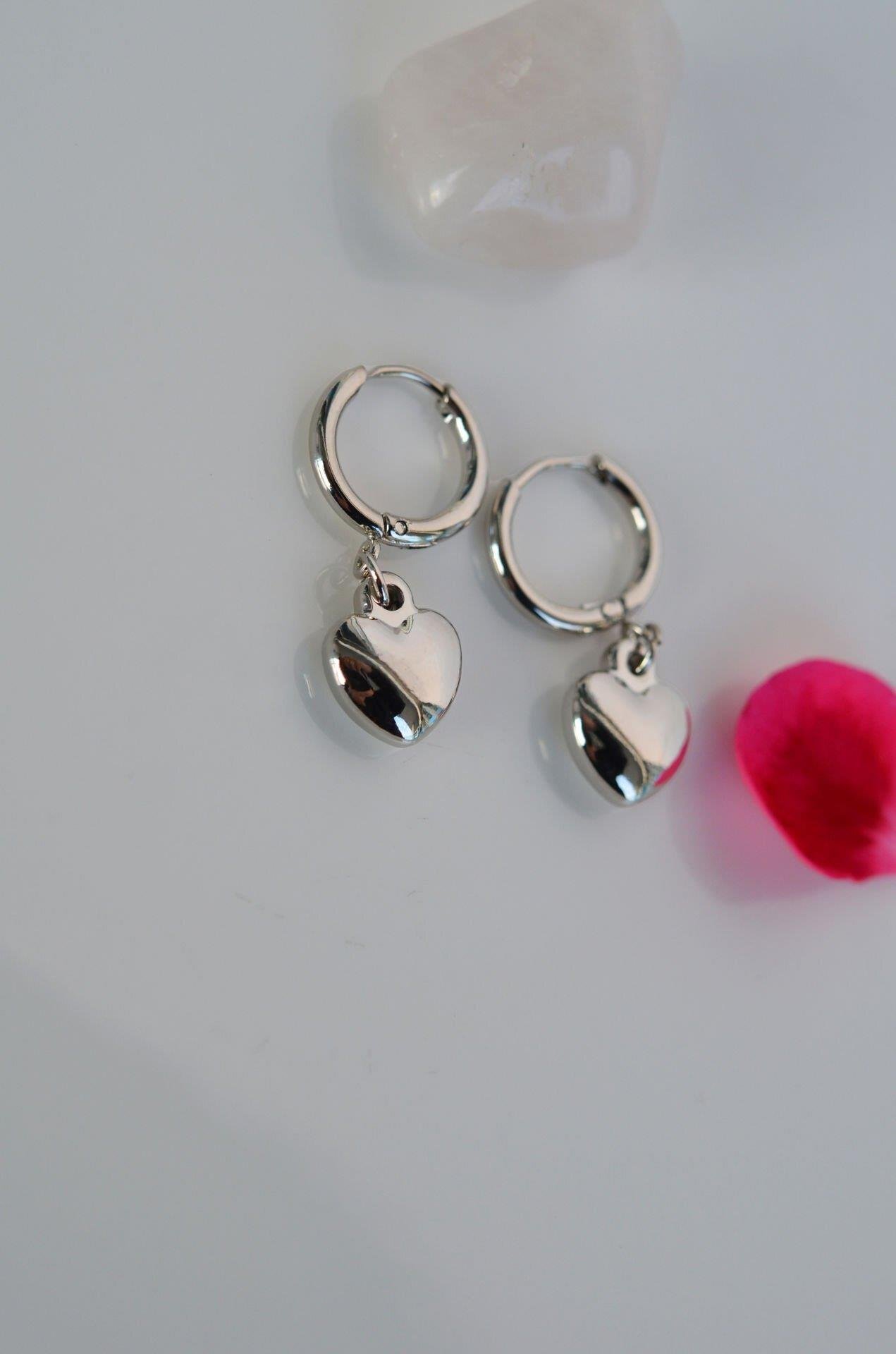 Kalp Sallantılı Çelik Halka Küpe Gümüş Renk