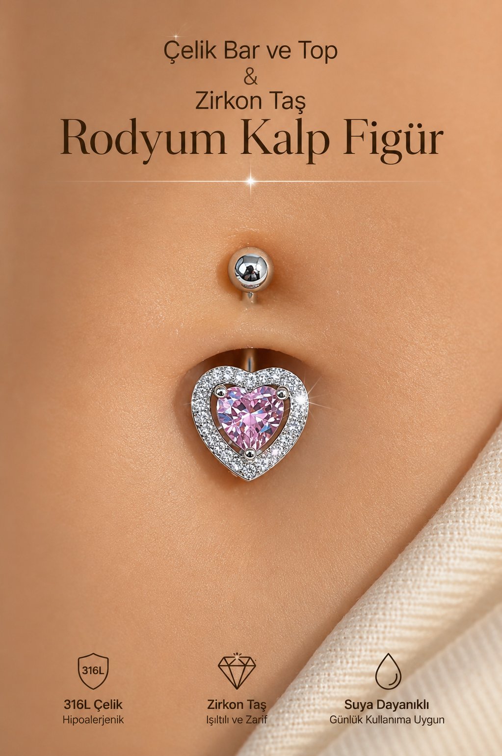 Kalp Taşlı Göbek Piercingi Çelik Bar Zirkon Taşlı Rodyum Figür