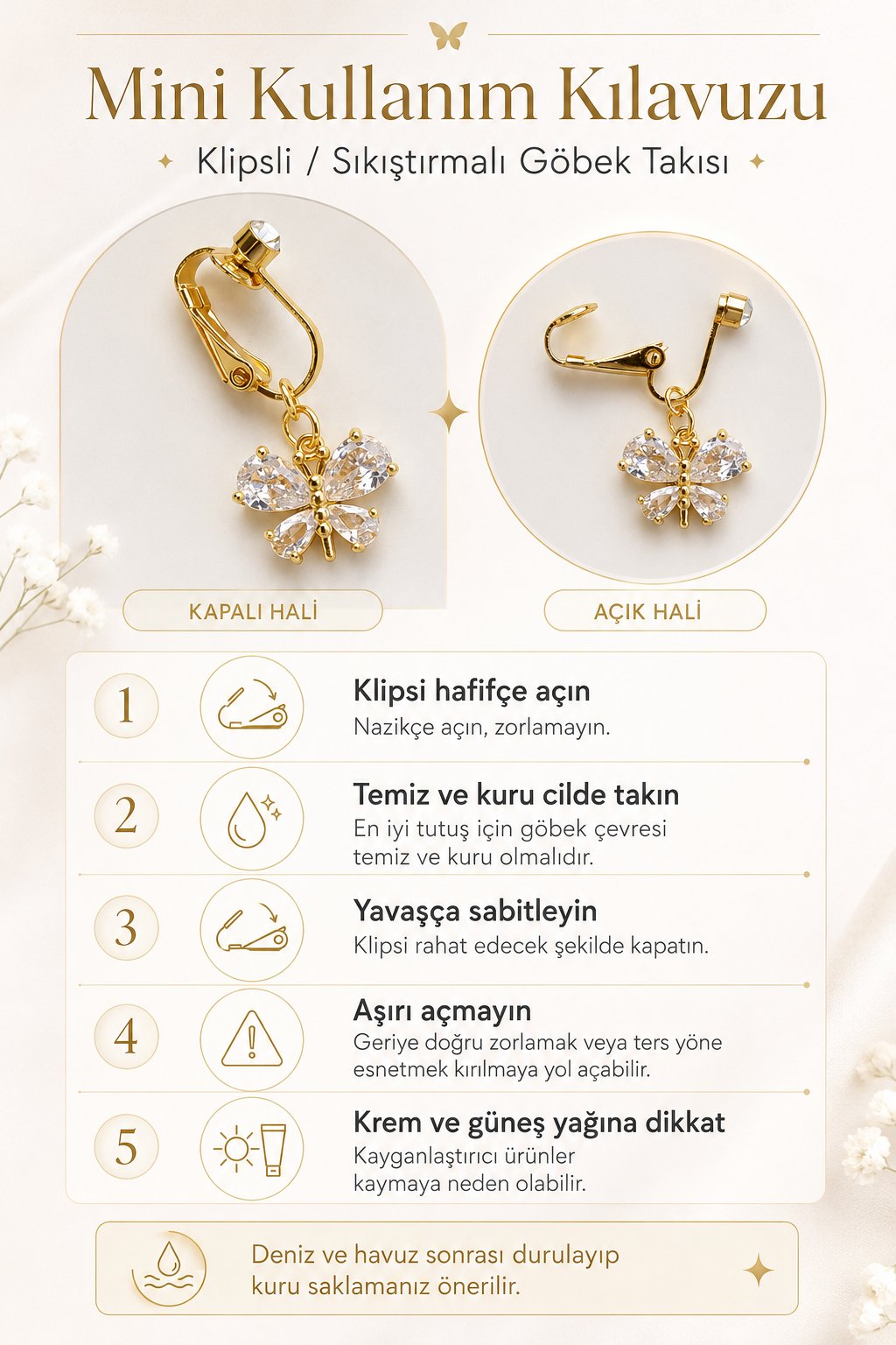 Kar Tanesi Klipsli Göbek Piercingi Deliksiz Zirkon Taşlı Çelik