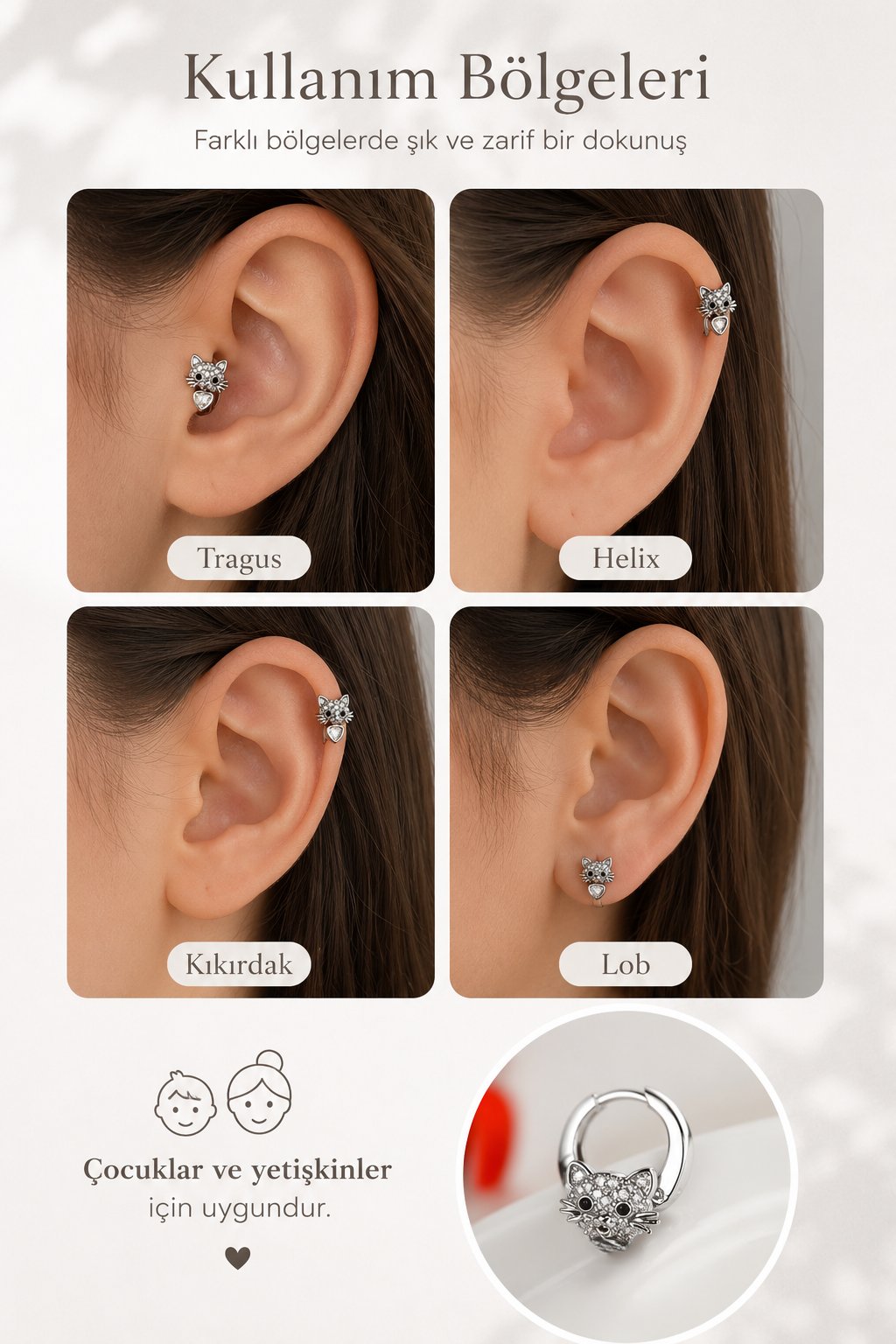 Kedi Figürlü Gümüş Renk Halka Piercing Tragus Helix Kıkırdak Lob Küpesi Tek Adet