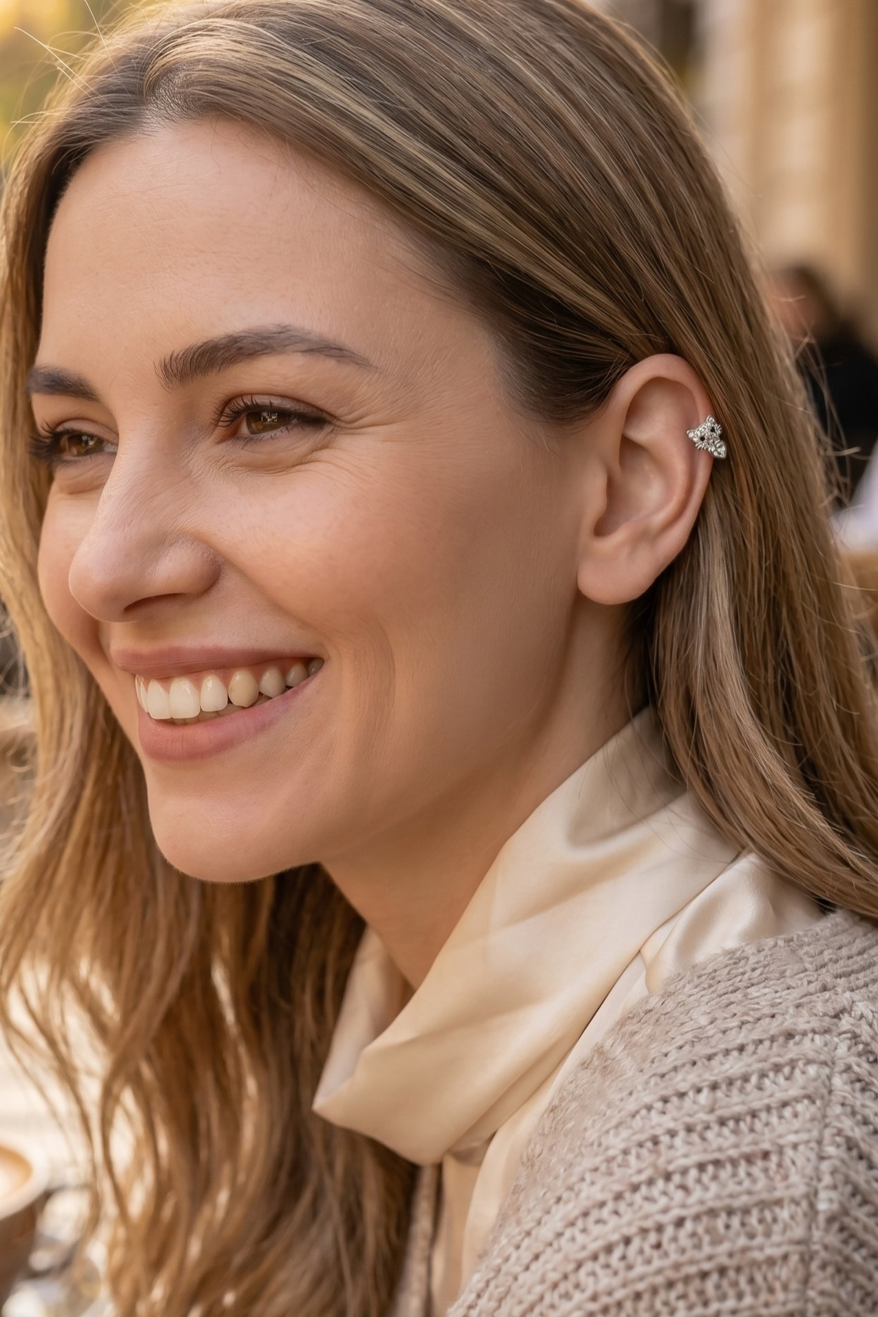 Kedi Figürlü Gümüş Renk Halka Piercing Tragus Helix Kıkırdak Lob Küpesi Tek Adet