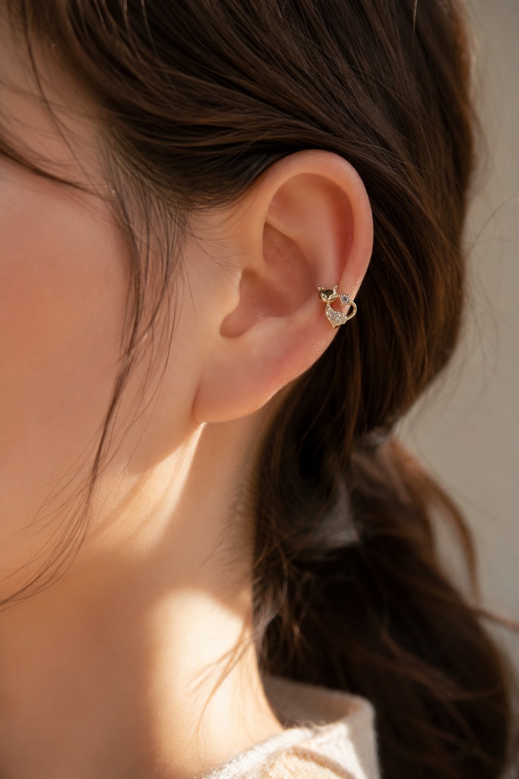 Kedi Figürlü Halka Piercing Tragus Helix Kıkırdak Lob Küpesi Tek Adet