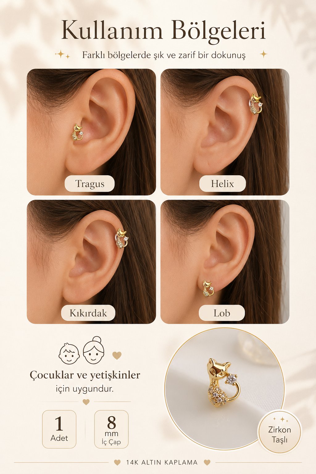 Kedi Figürlü Halka Piercing Tragus Helix Kıkırdak Lob Küpesi Tek Adet