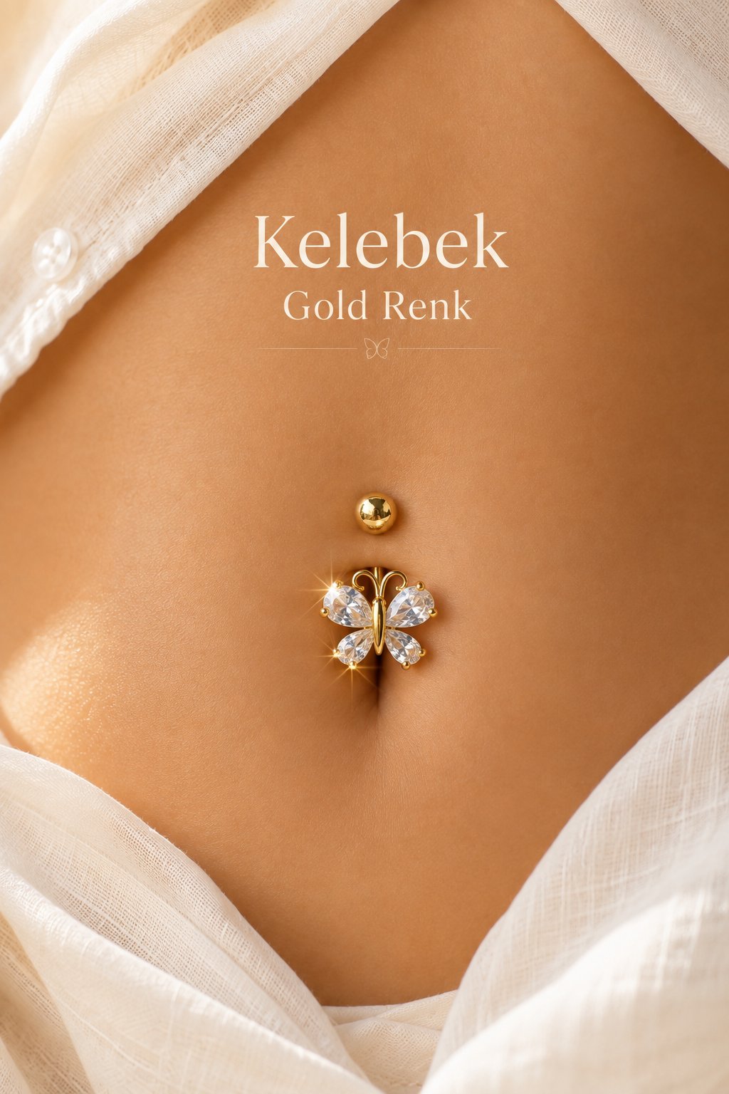 Kelebek Zirkon Taşlı Göbek Piercingi Çelik Bar