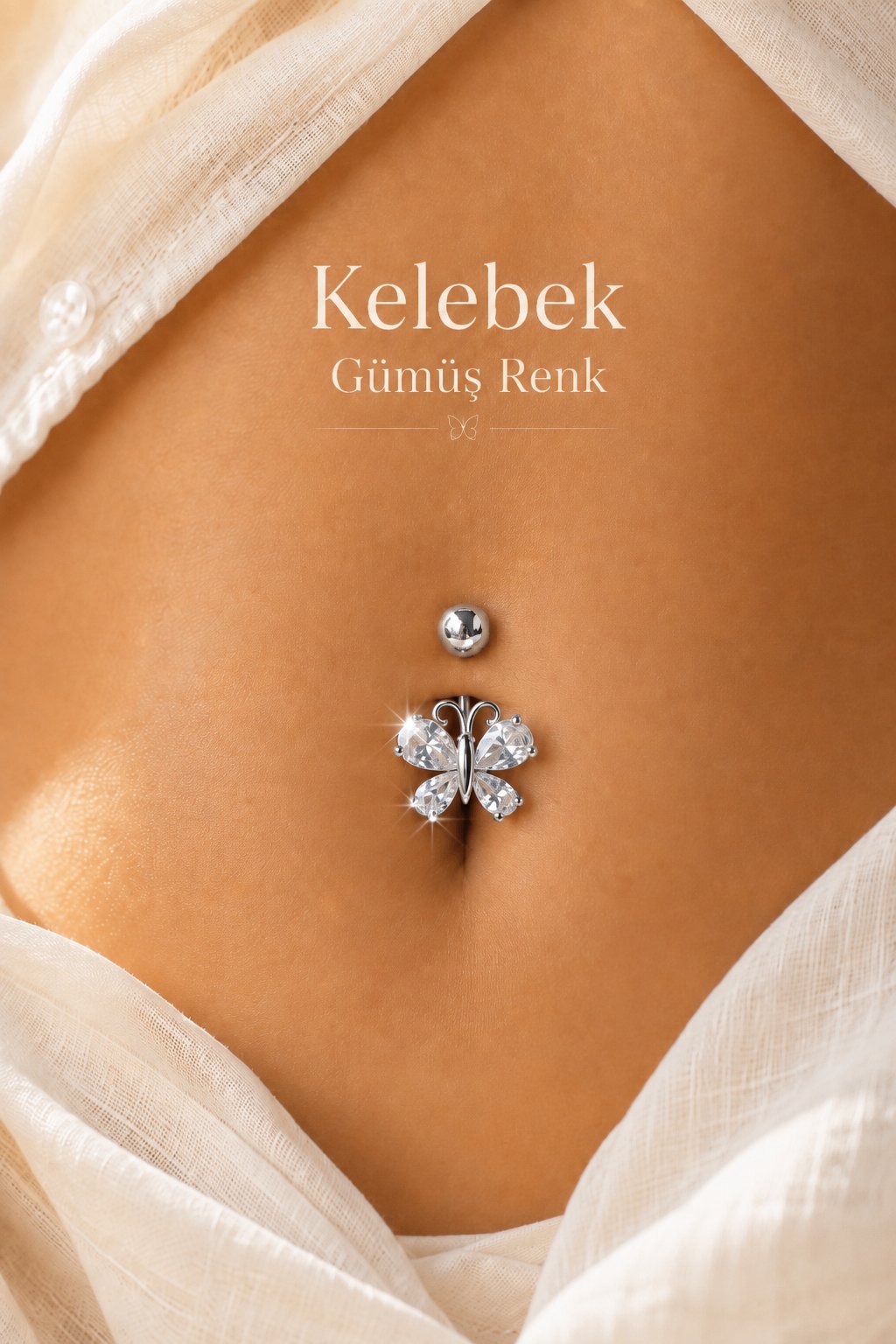 Kelebek Zirkon Taşlı Göbek Piercingi Çelik Bar