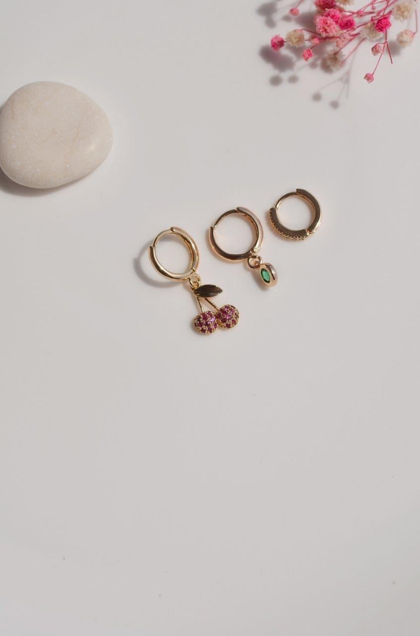 Kiraz Detaylı 3'lü Küpe Seti