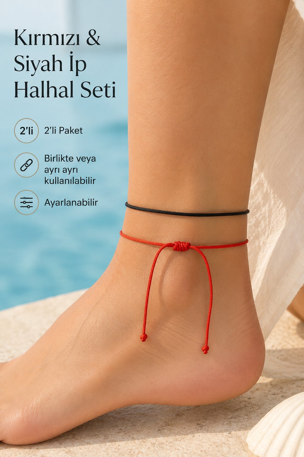 Kırmızı Siyah İp Halhal Seti 2'li Paket Ayarlanabilir Makrome Halhal