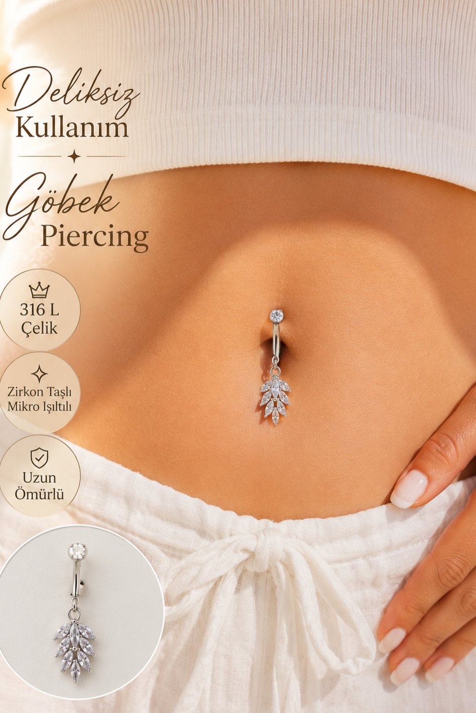 Kristal Başak Deliksiz Klipsli Göbek Piercingi Zirkon Taşlı Sallantılı