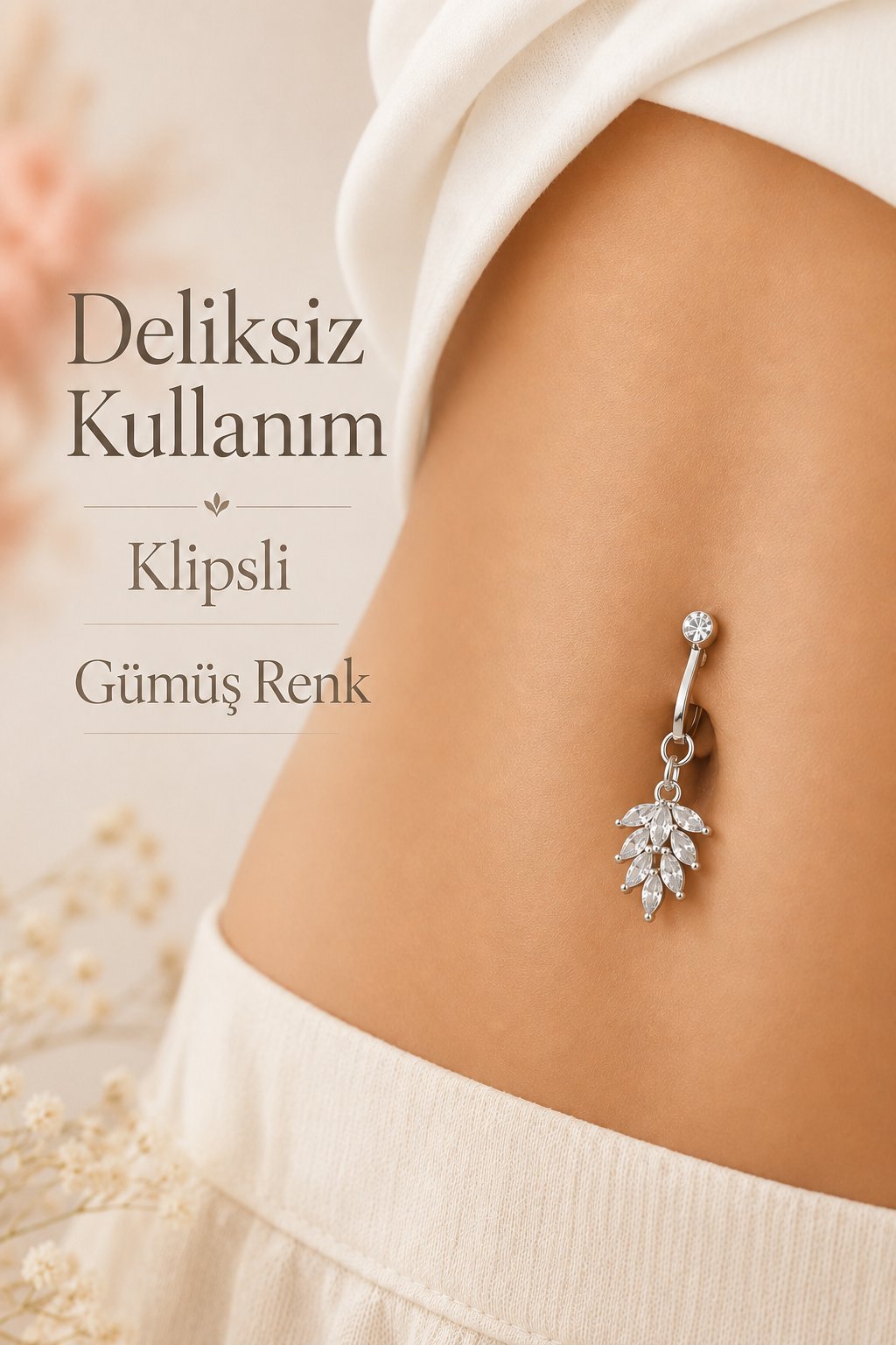 Kristal Başak Deliksiz Klipsli Göbek Piercingi Zirkon Taşlı Sallantılı