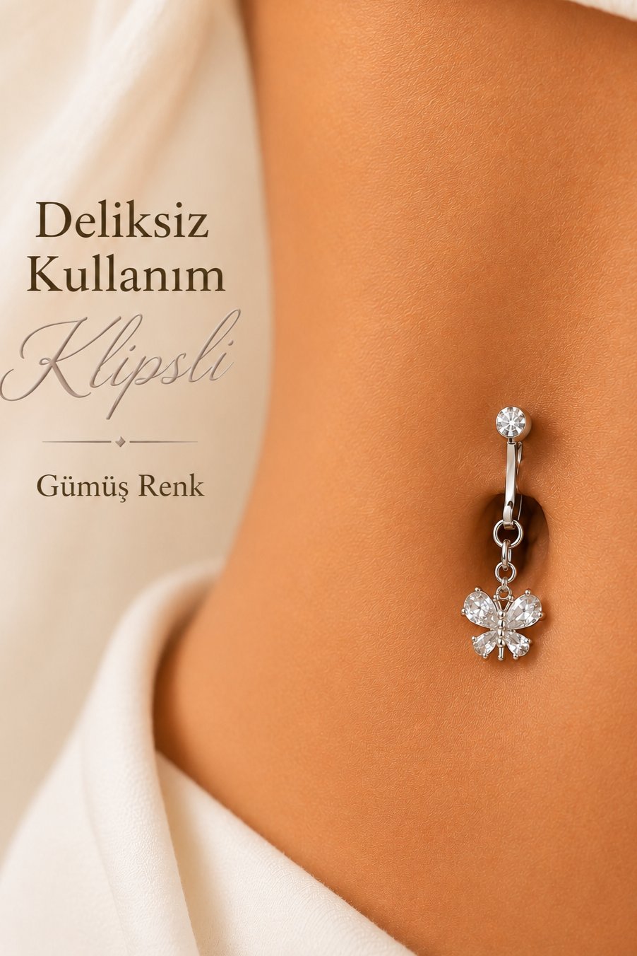 Kristal Kanatlı Kelebek Klipsli Göbek Piercingi Deliksiz Zirkon Taşlı Çelik