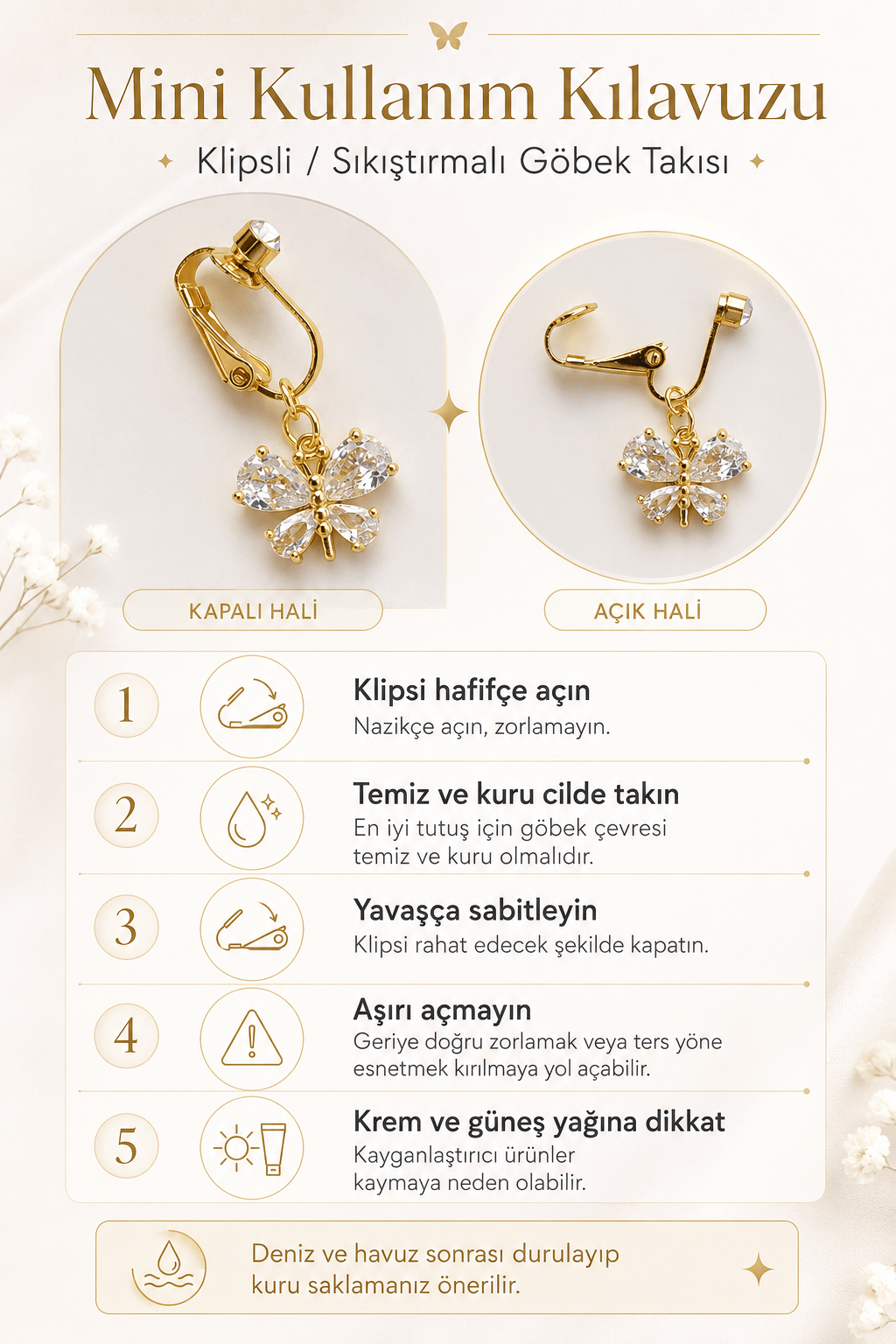 Kristal Kanatlı Kelebek Klipsli Göbek Piercingi Deliksiz Zirkon Taşlı Çelik