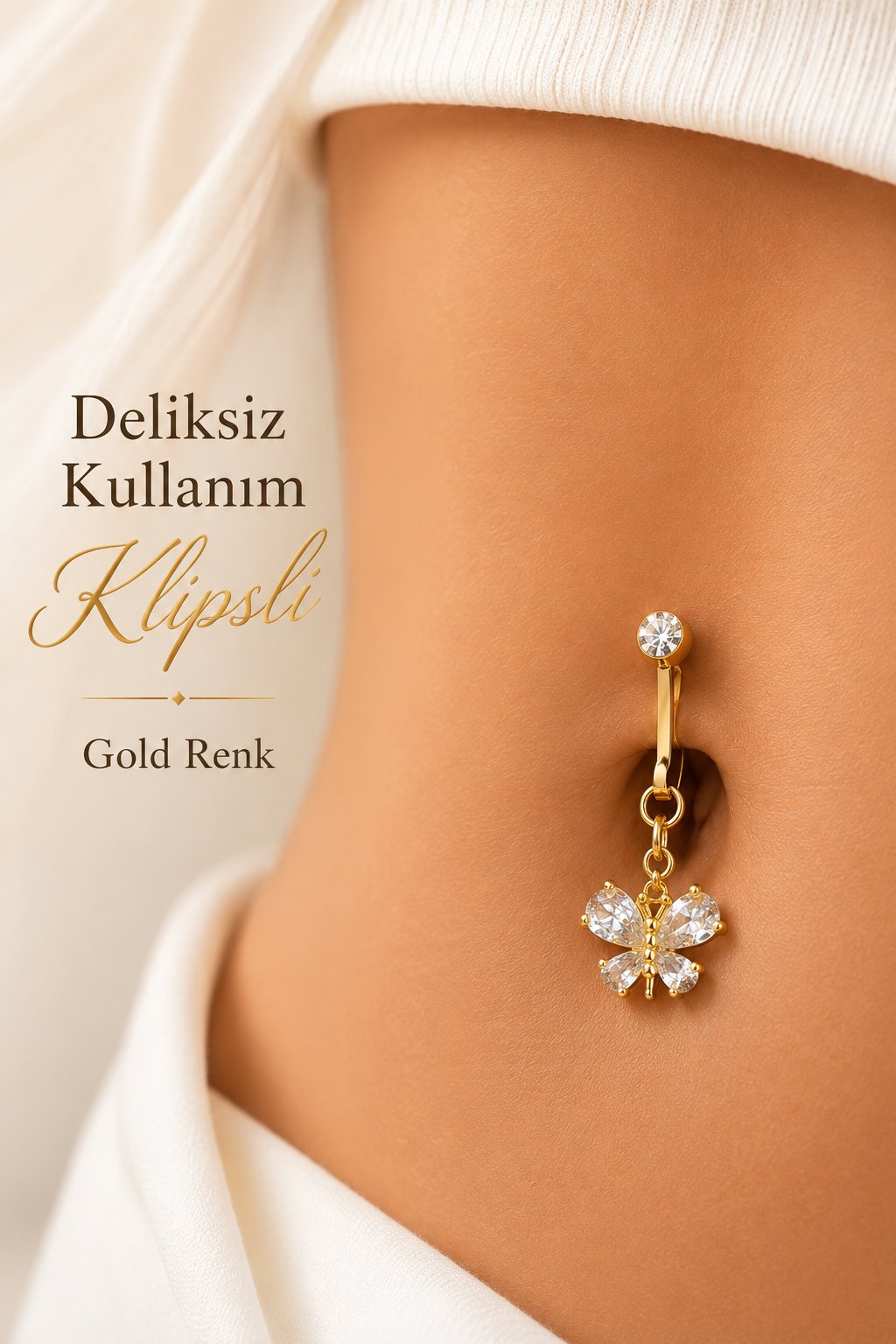 Kristal Kanatlı Kelebek Klipsli Göbek Piercingi Deliksiz Zirkon Taşlı Çelik