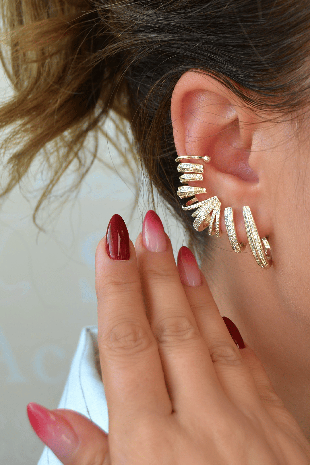 Kulağı Kaplayan Çoklu Earcuff – Zirkon Taşlı Özel Tasarım (Tek Adet)