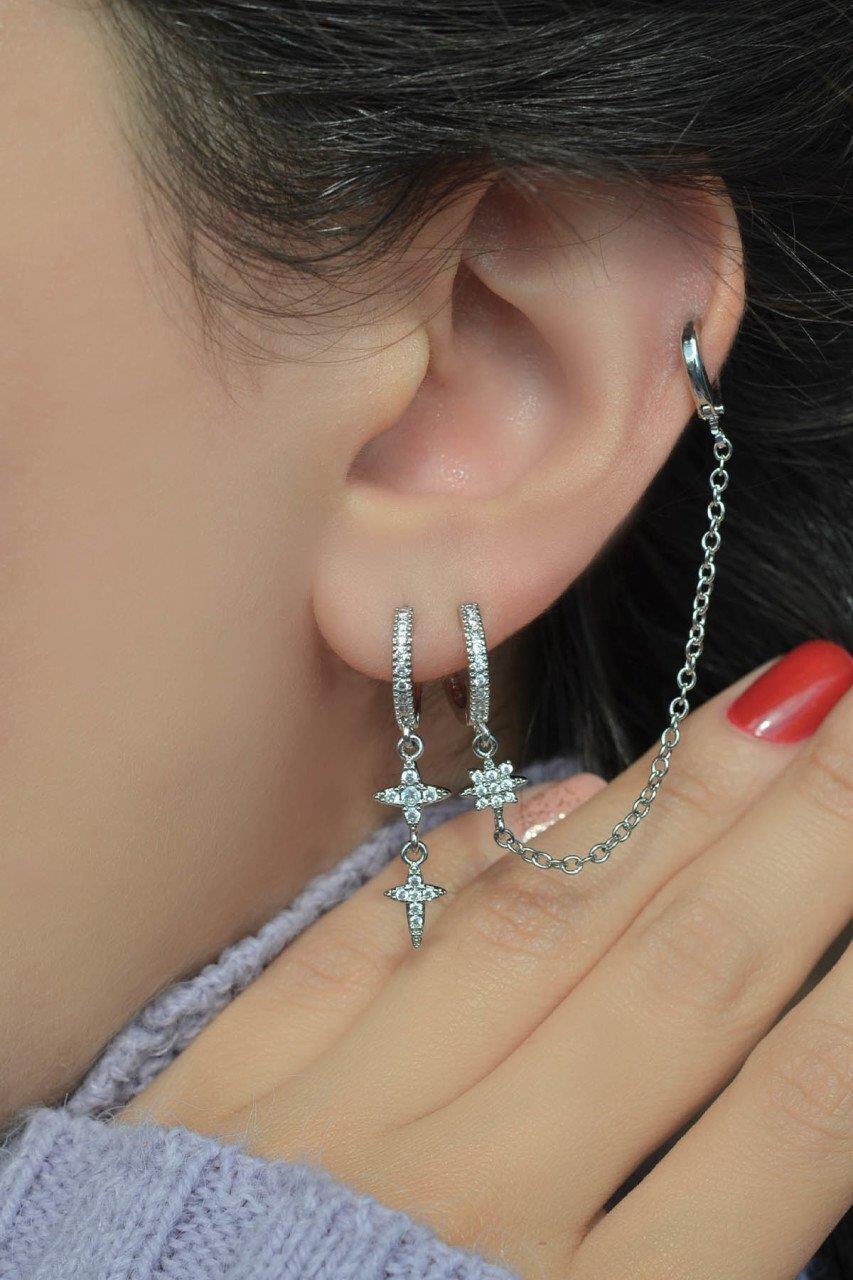 Kuzey Yıldızı 3'lü Set Küpe Gümüş Renk