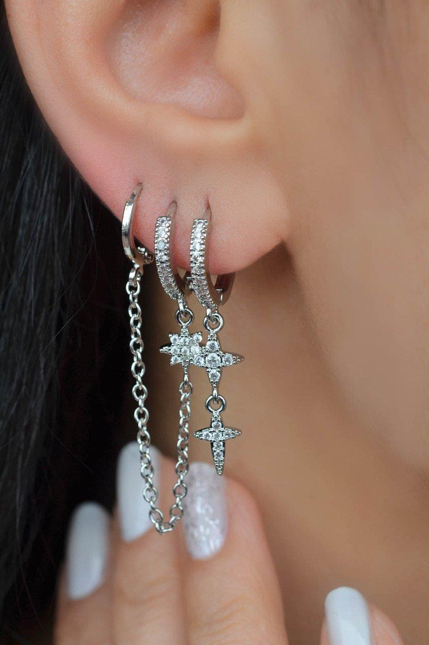 Kuzey Yıldızı 3'lü Set Küpe Gümüş Renk