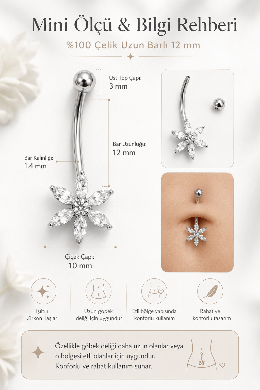 Lotus Çiçek Çelik Göbek Piercing Uzun Bar