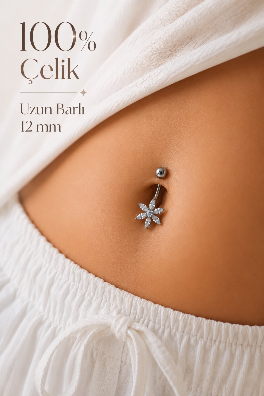 Lotus Çiçek Çelik Göbek Piercing Uzun Bar