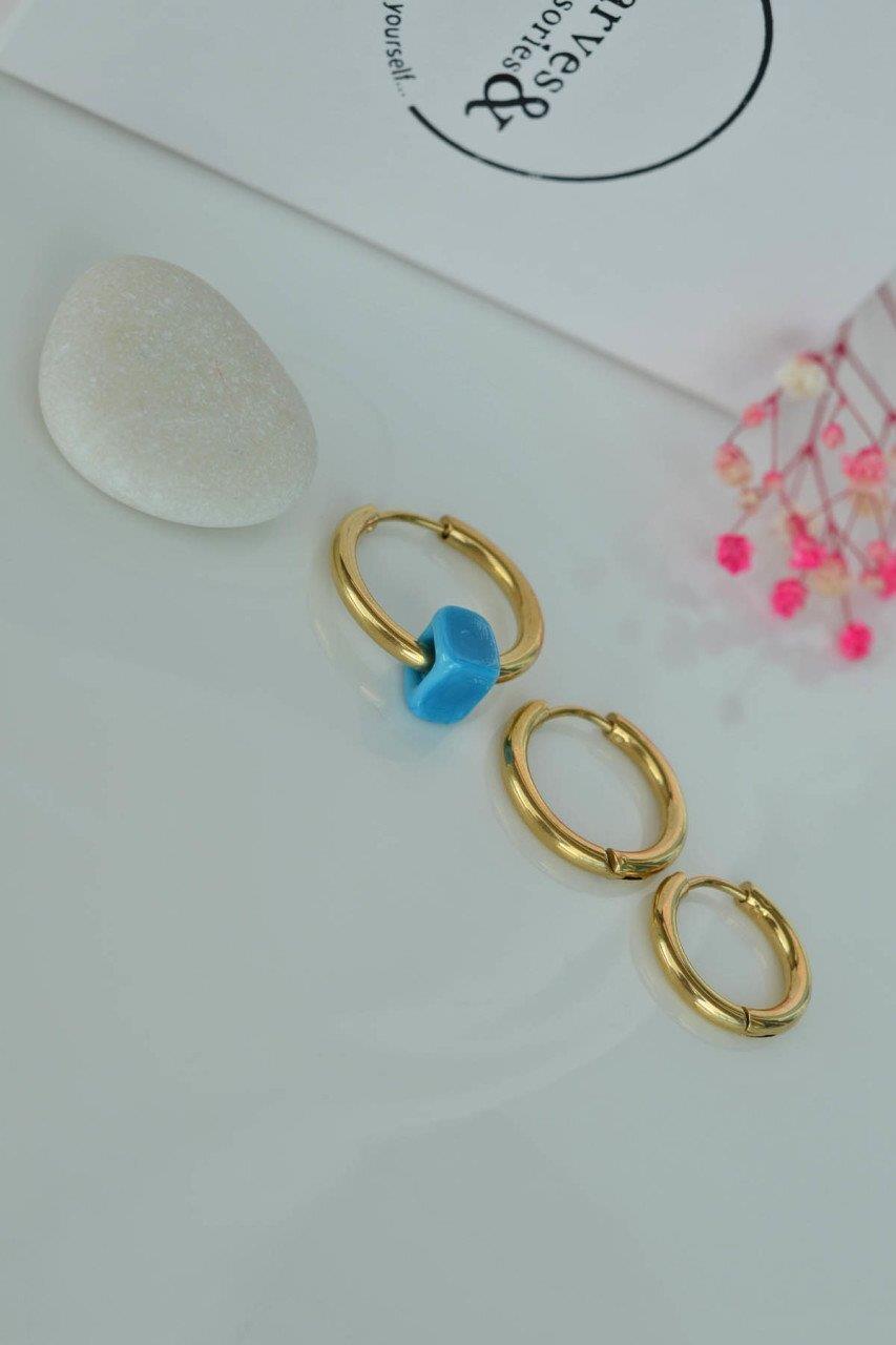 Mavi Boncuklu Çelik Halka Küpe Seti 3'lü Gold Renk