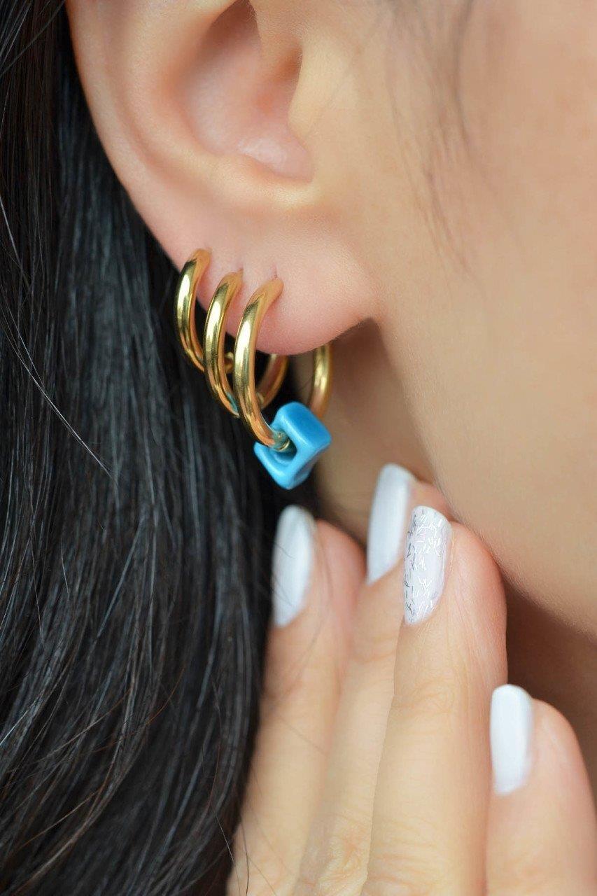 Mavi Boncuklu Çelik Halka Küpe Seti 3'lü Gold Renk