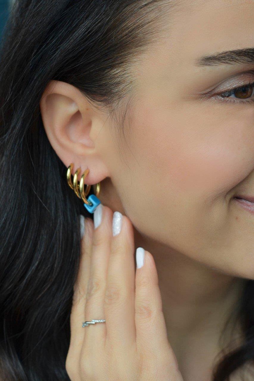 Mavi Boncuklu Çelik Halka Küpe Seti 3'lü Gold Renk