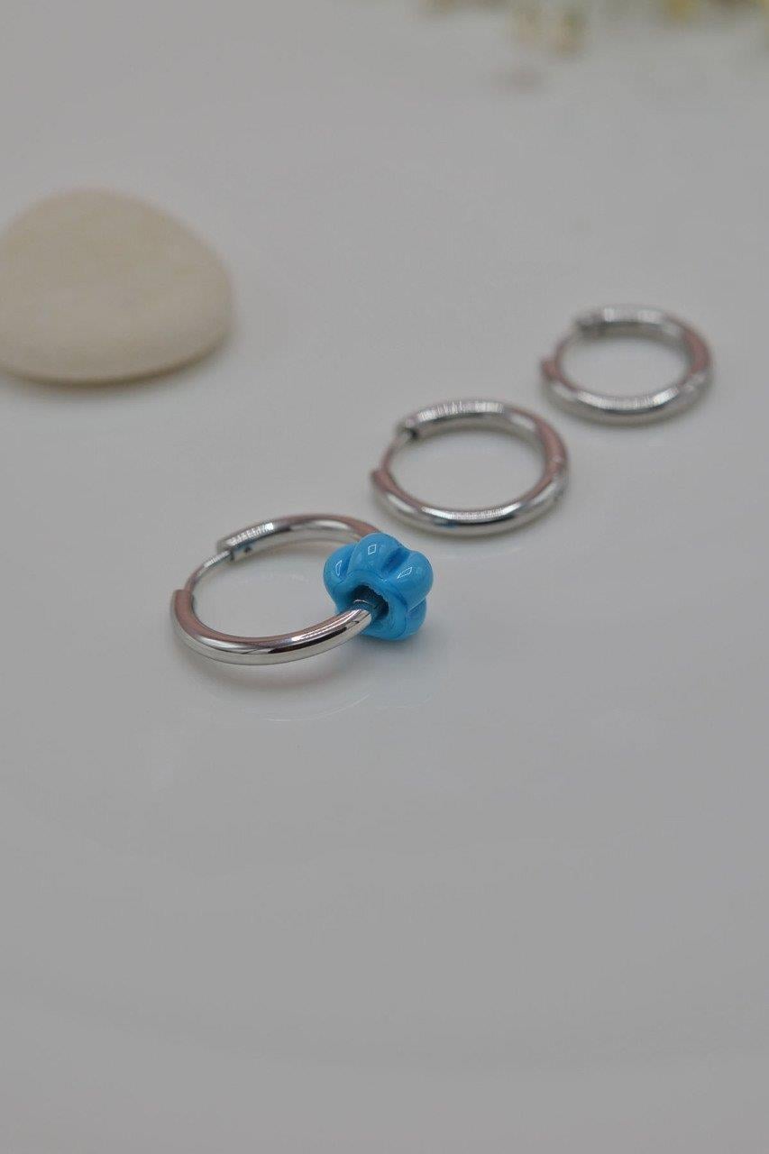 Mavi Boncuklu Çelik Üçlü Küpe Gümüş Renkli