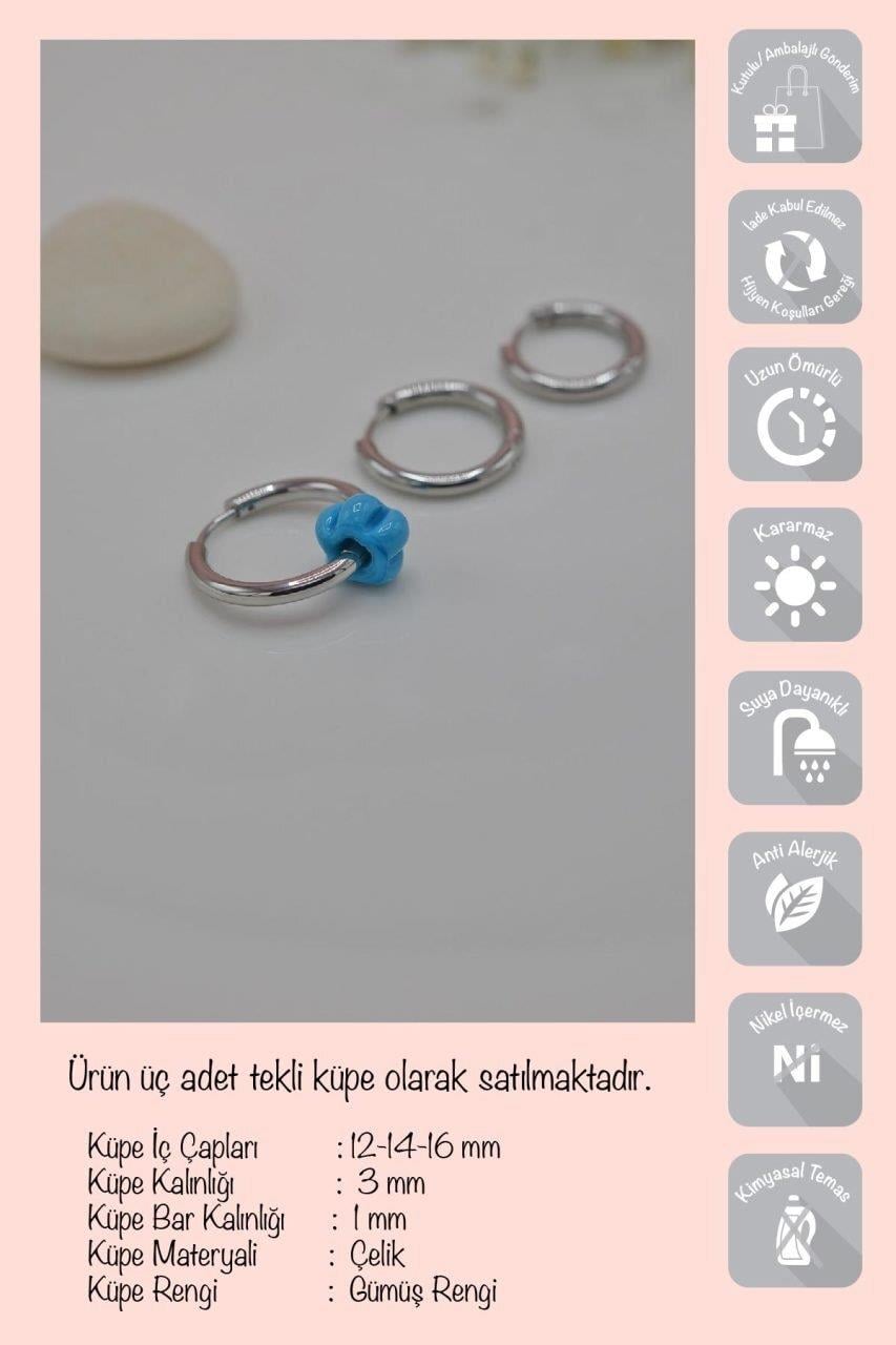 Mavi Boncuklu Çelik Üçlü Küpe Gümüş Renkli