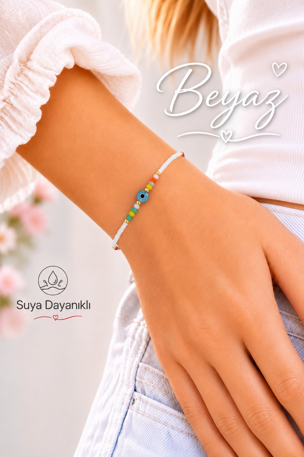 Mavi Cam Nazar Boncuklu Renkli Boncuk Bileklik Suya Dayanıklı
