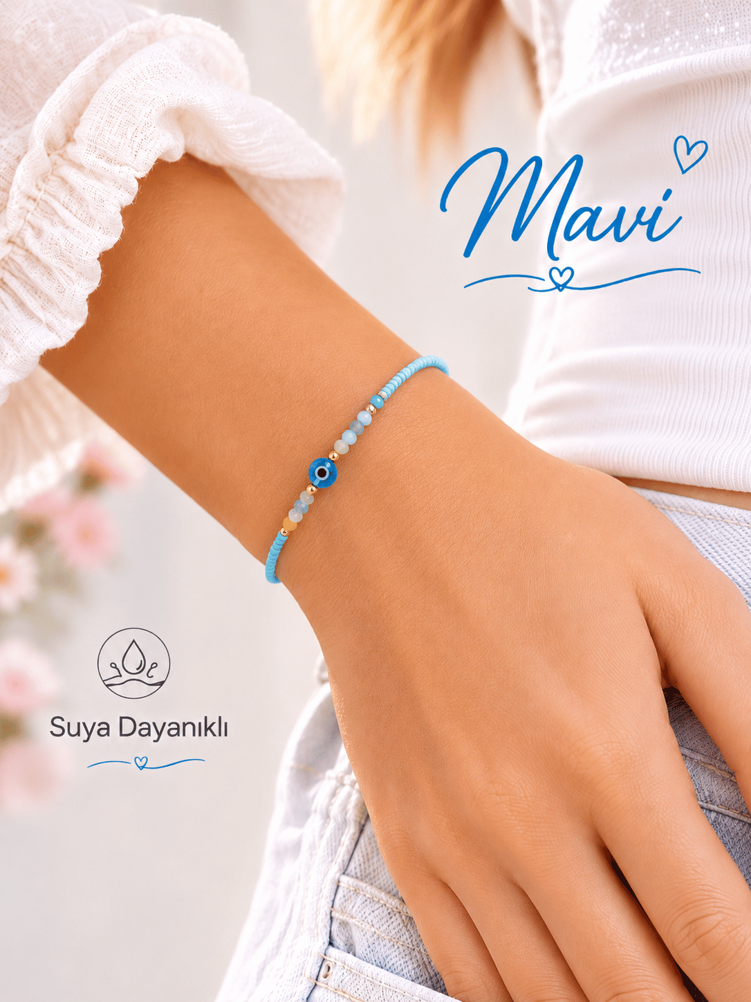 Mavi Cam Nazar Boncuklu Renkli Boncuk Bileklik Suya Dayanıklı