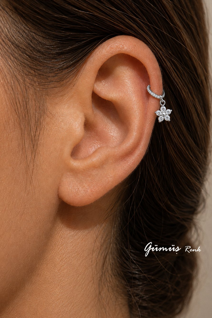 Mini Çiçek Sallantılı Taşlı Halka Piercing Küpe Gümüş RenkTek Adet