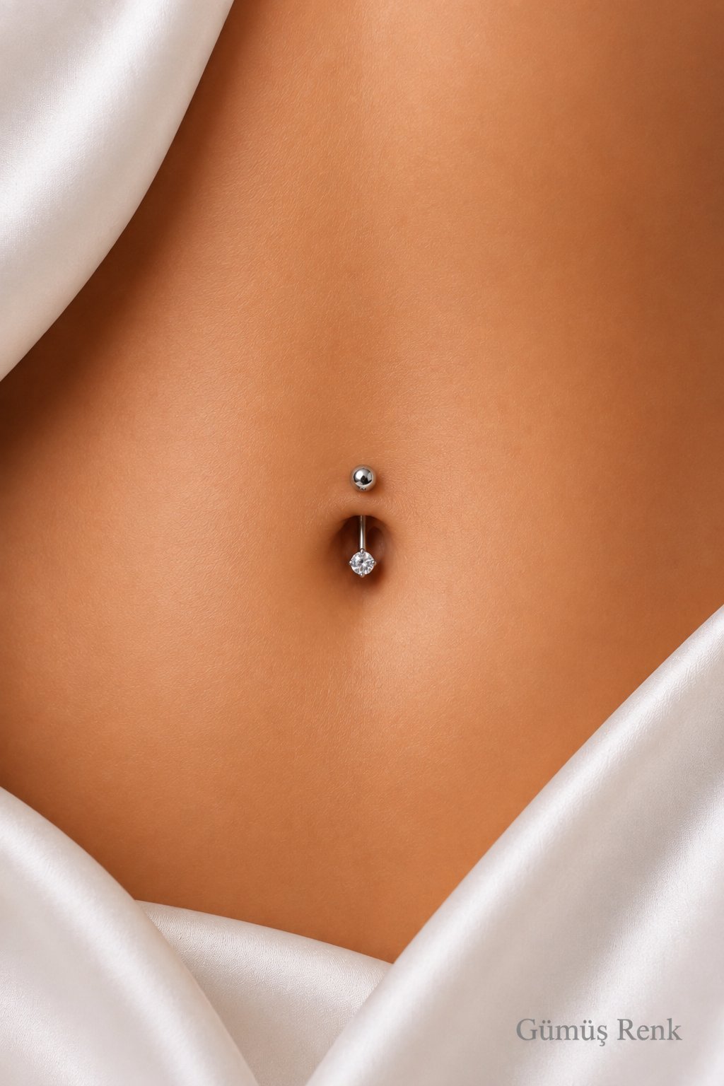 Minimal Çelik  Taşlı Göbek Piercingi Gümüş Renkli