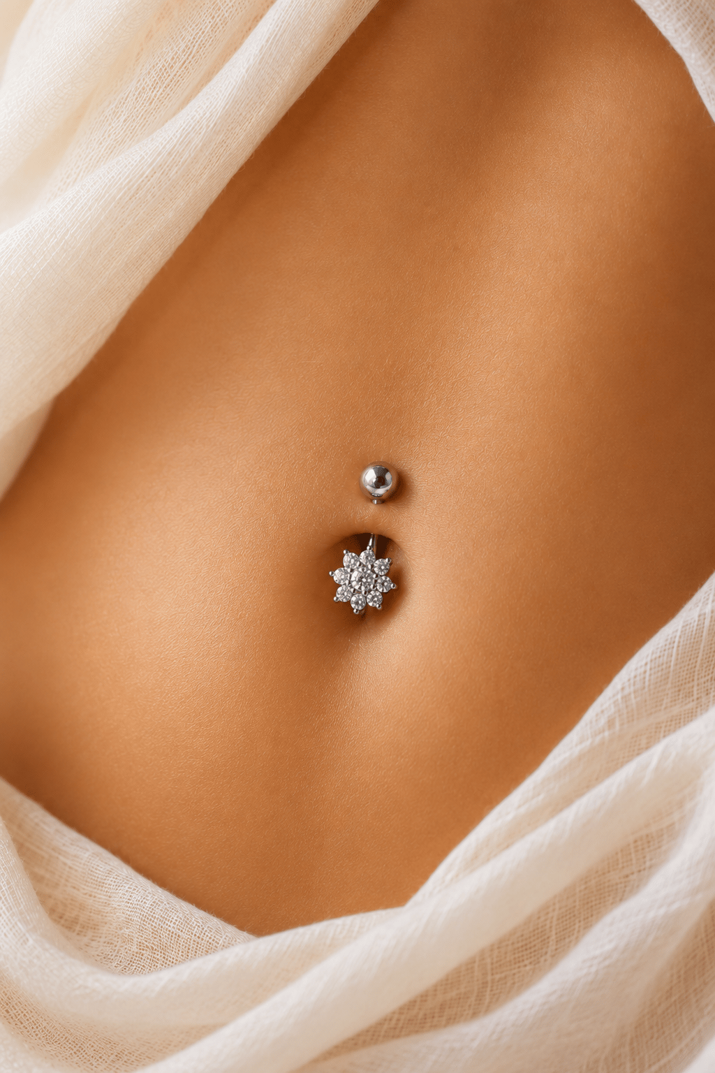 Minimal Çiçek Zirkon Taşlı Çelik Göbek Piercingi