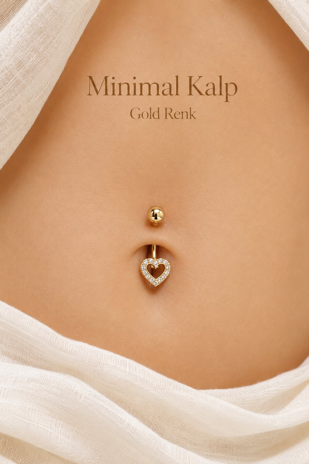 Minimal Kalp Zirkon Taşlı Göbek Piercingi Çelik Bar