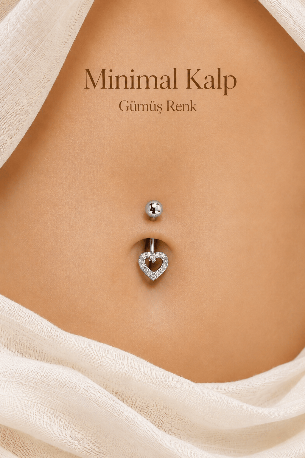 Minimal Kalp Zirkon Taşlı Göbek Piercingi Çelik Bar