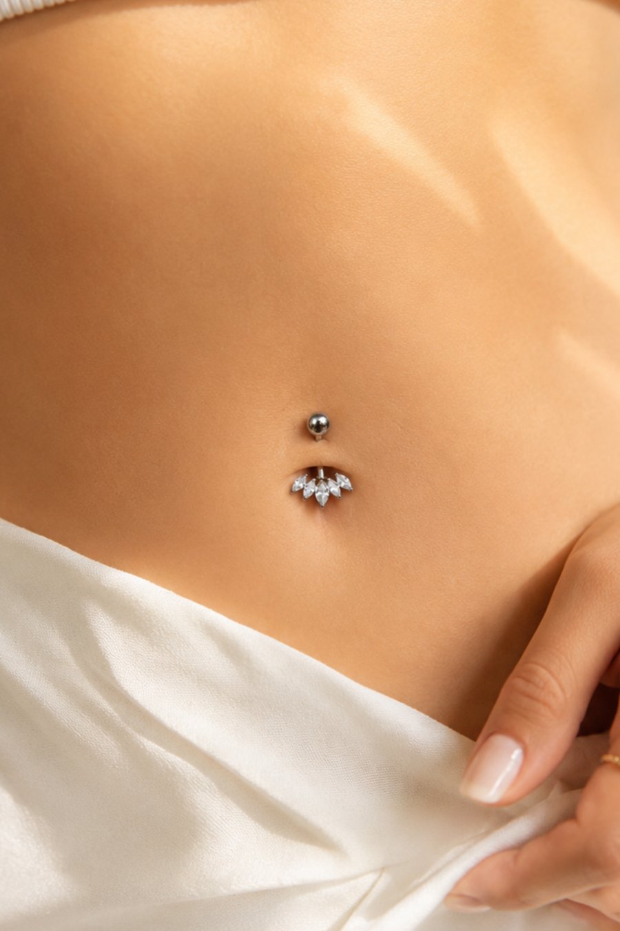 Minimal Markiz Taşlı Göbek Piercingi %100 Çelik 10 mm Bar Gümüş Renk