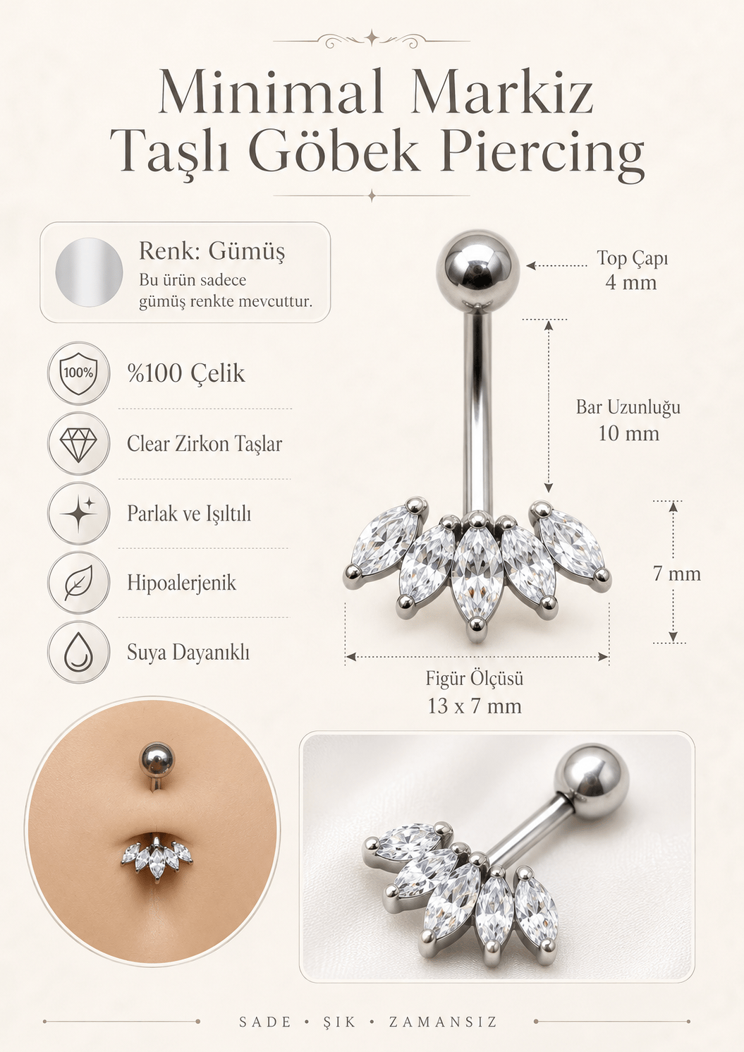 Minimal Markiz Taşlı Göbek Piercingi %100 Çelik 10 mm Bar Gümüş Renk
