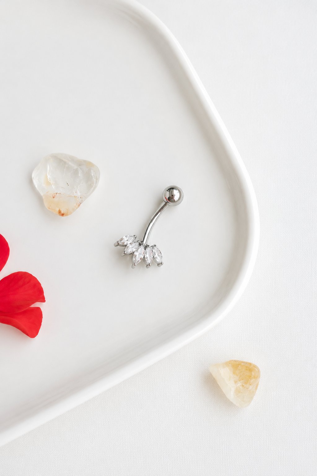 Minimal Markiz Taşlı Göbek Piercingi %100 Çelik 10 mm Bar Gümüş Renk