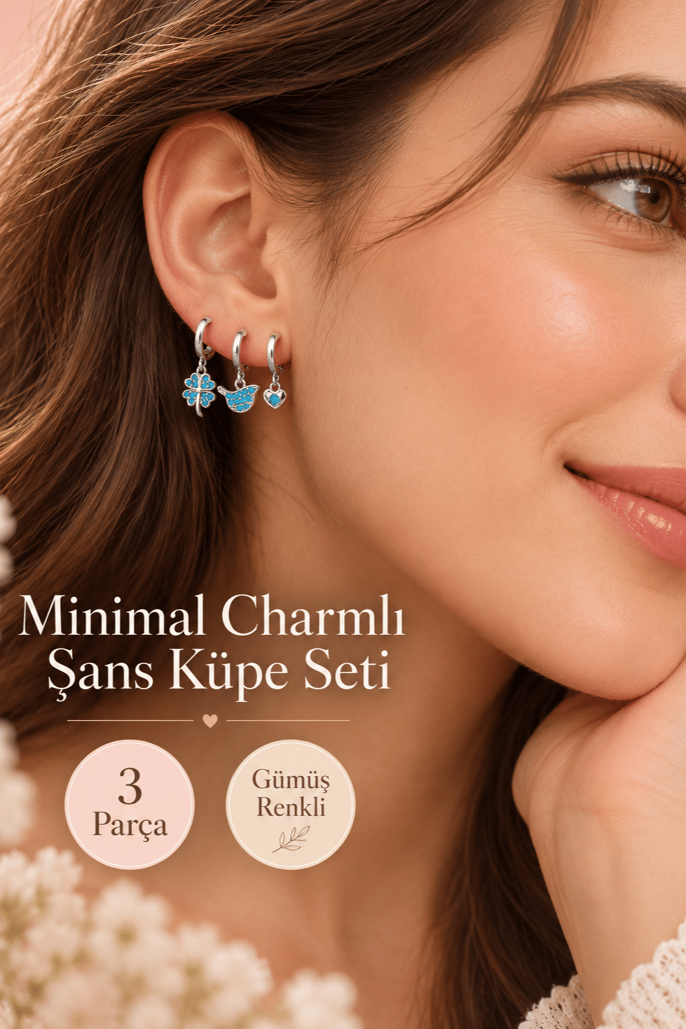 Minimal Şans Charm 3'lü Halka Küpe Seti – Turkuaz Taşlı Yonca, Kuş ve Kalp