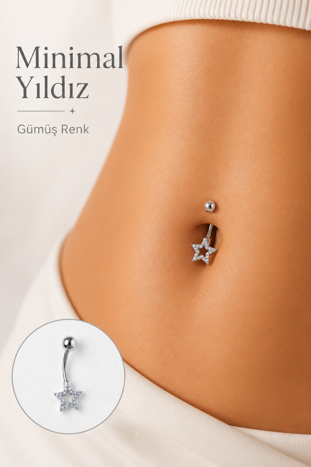 Minimal Yıldız Zirkon Taşlı Göbek Piercingi