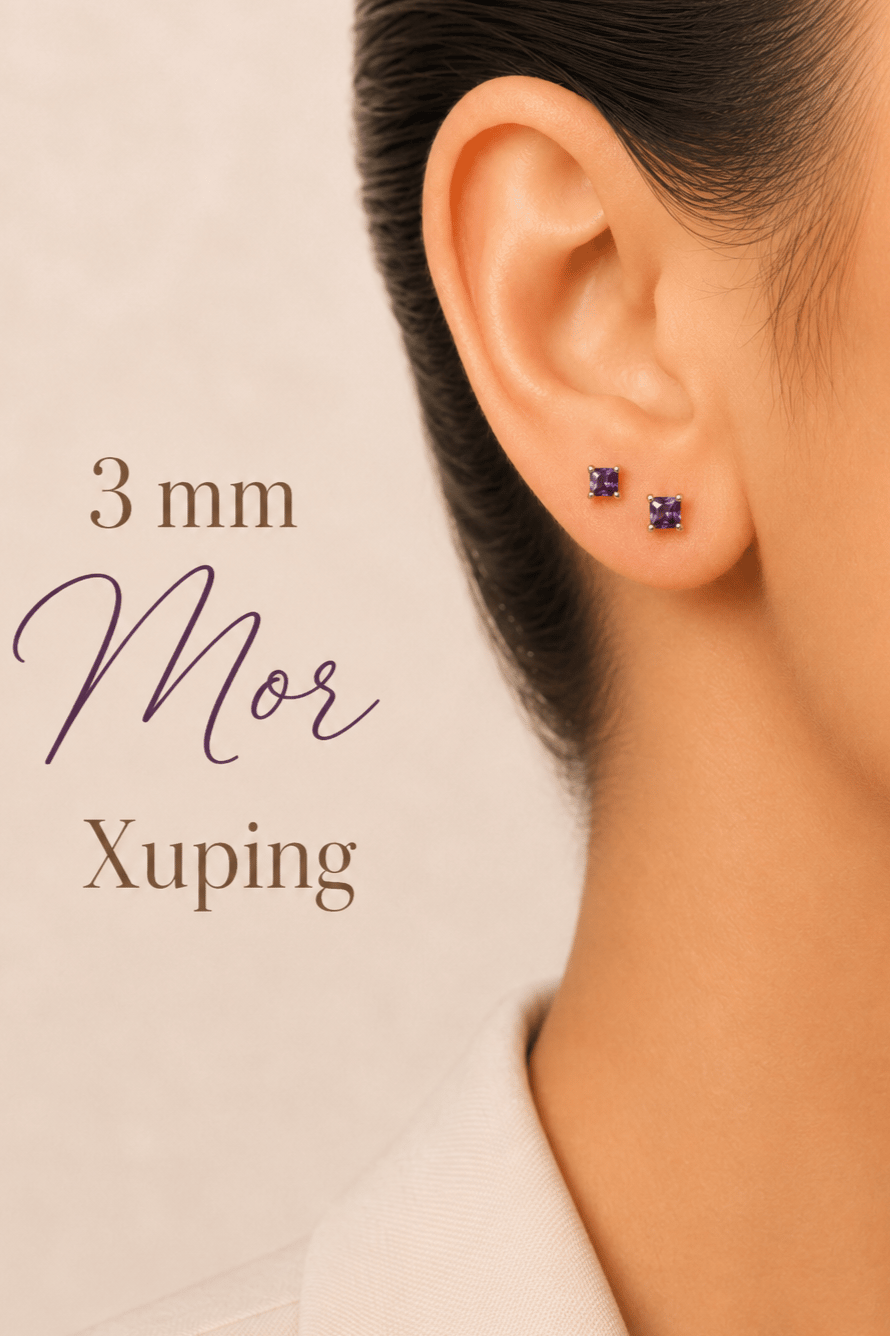 Mor Taşlı Zirkon Tektaş Küpe 3 mm