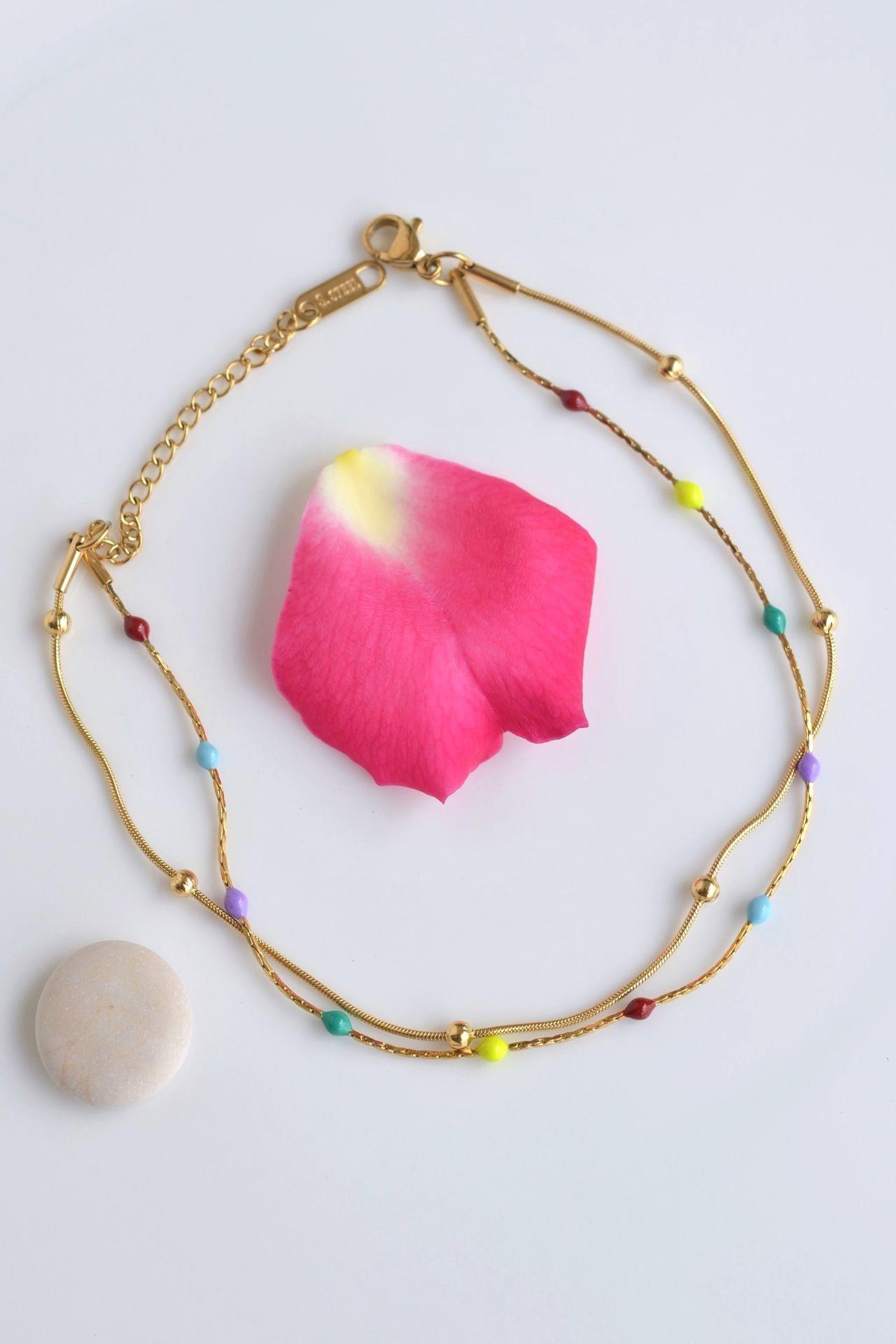 Multicolor Çok Renkli İki Sıralı Topçuklu Çelik Halhal Gold Renk