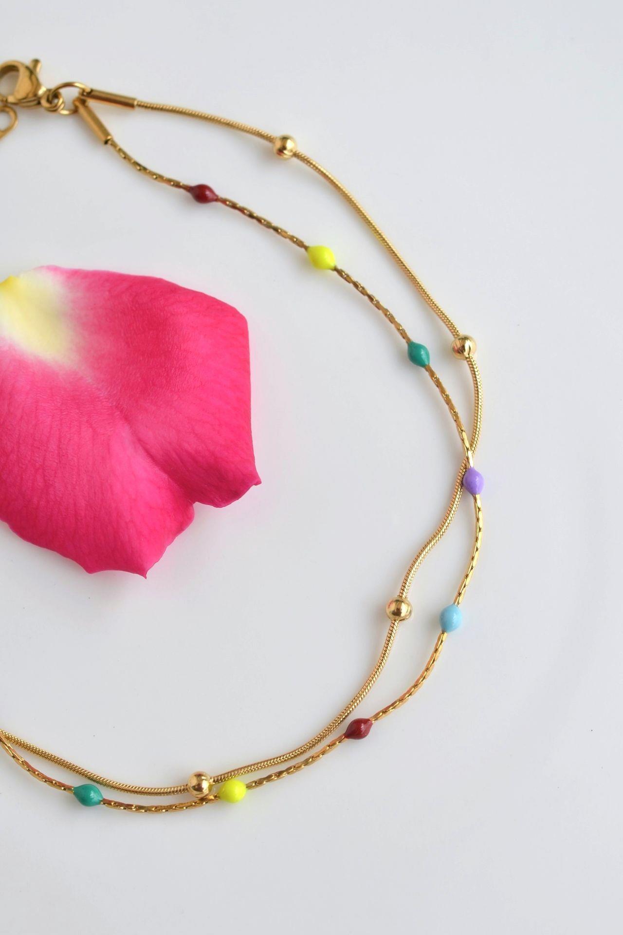 Multicolor Çok Renkli İki Sıralı Topçuklu Çelik Halhal Gold Renk