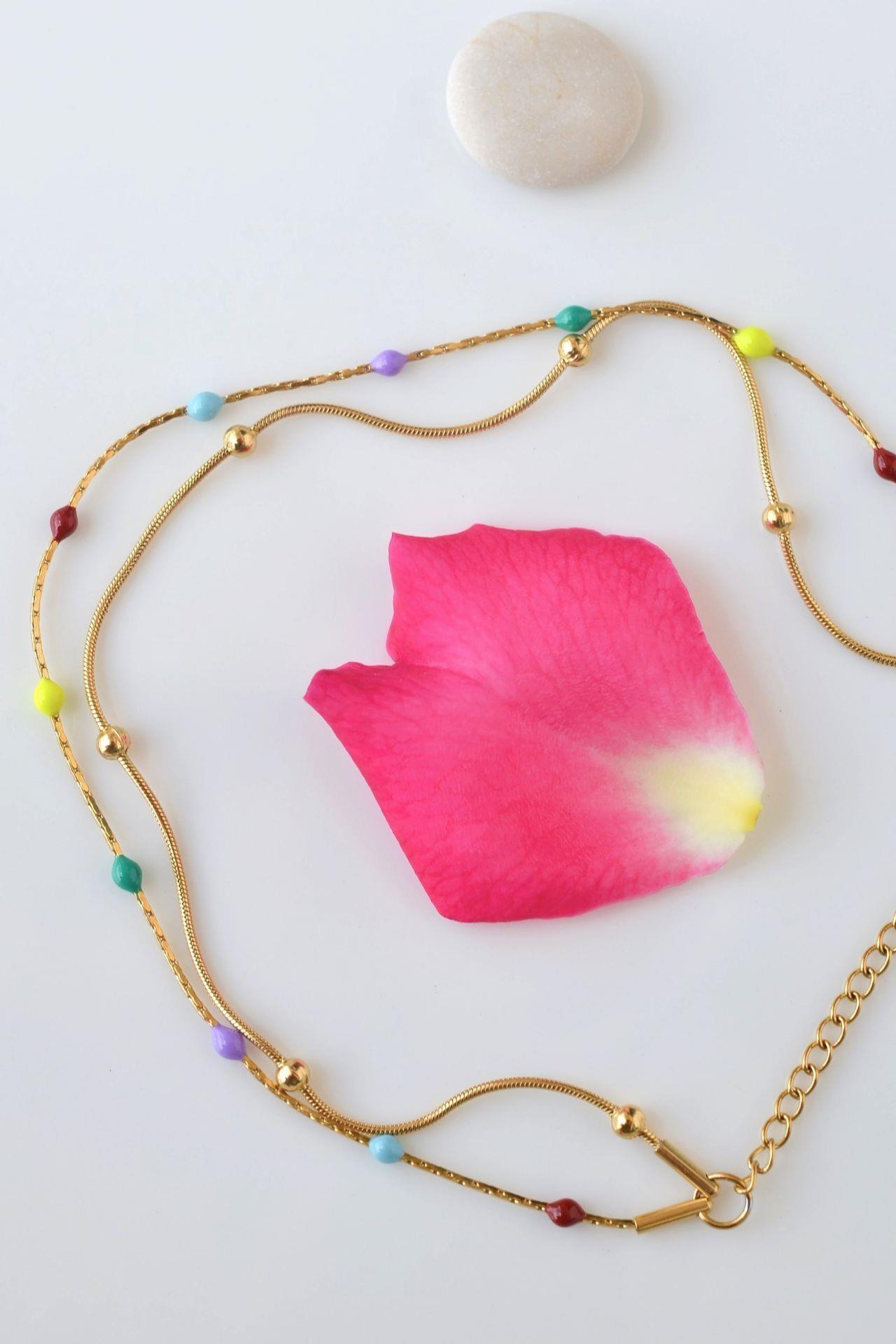 Multicolor Çok Renkli İki Sıralı Topçuklu Çelik Halhal Gold Renk