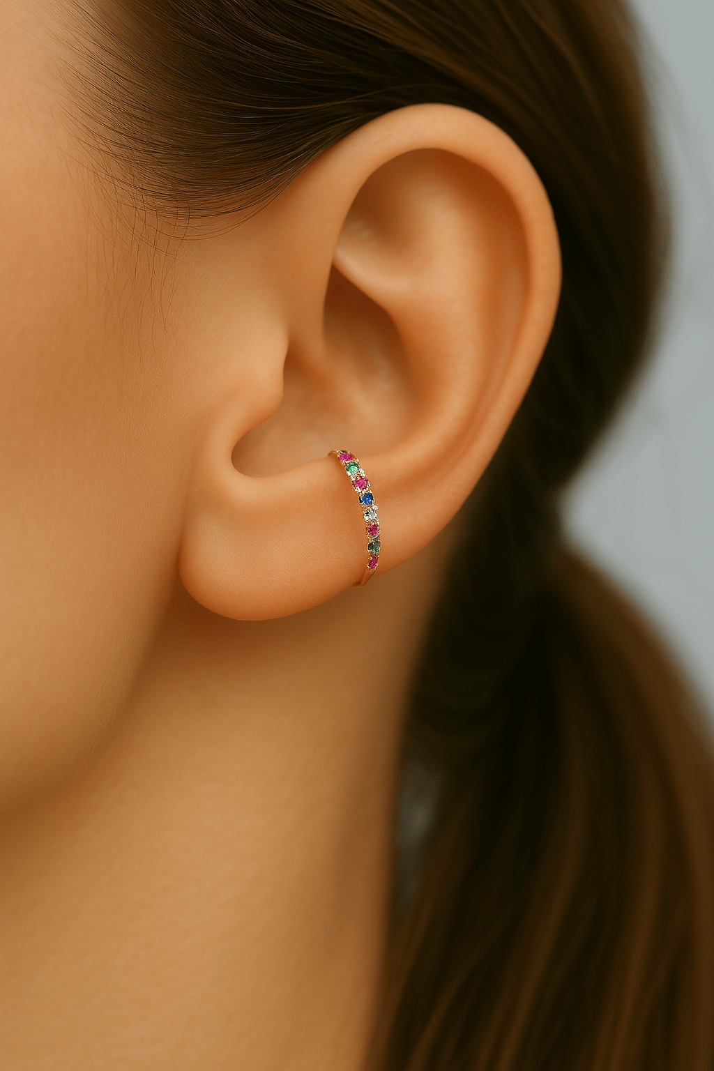 Multicolor Çok Renkli İnce Taşlı Earcuff Sıkıştırmalı Kıkırdak Küpesi