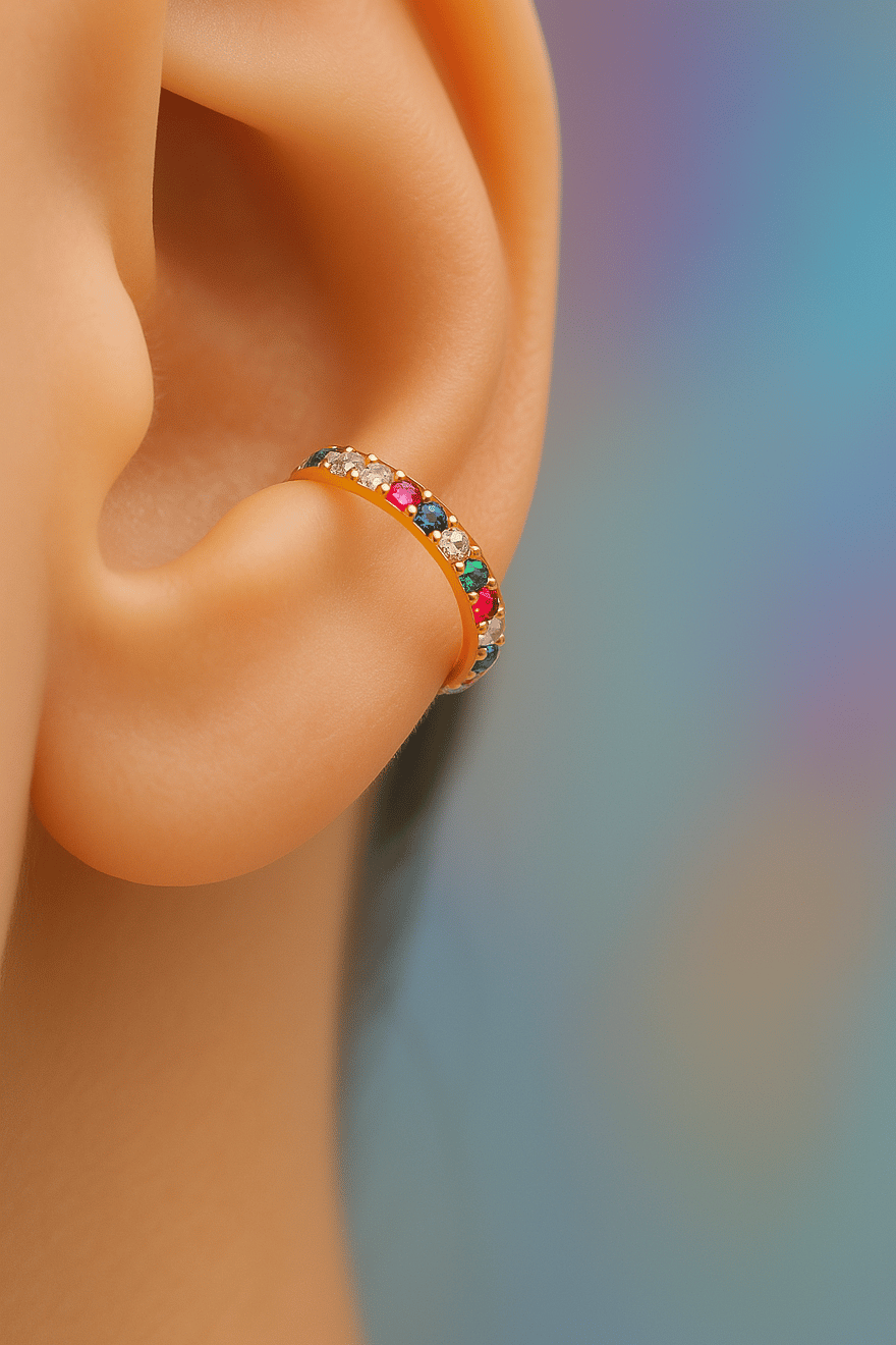 Multicolor Çok Renkli İnce Taşlı Earcuff Sıkıştırmalı Kıkırdak Küpesi