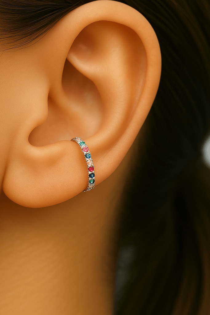 Multicolor Çok Renkli İnce Taşlı Earcuff Sıkıştırmalı Kıkırdak Küpesi Gümüş Renk